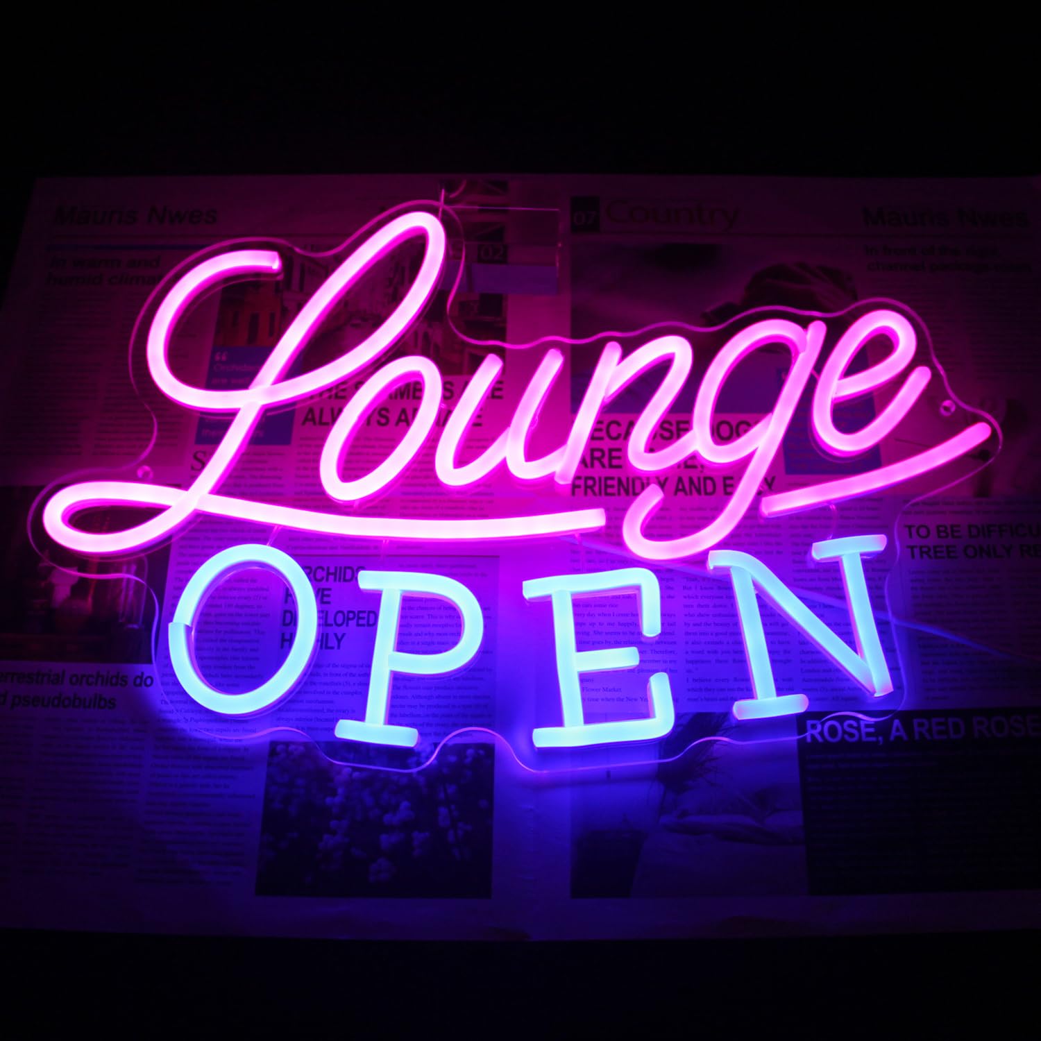Kullneon Neon Sign - Lounge Open LED Light, Dimmable, Acrylic, 16.7inx10.4in, Pink Blue, Model YL-Lounge for Bar, Night Club,