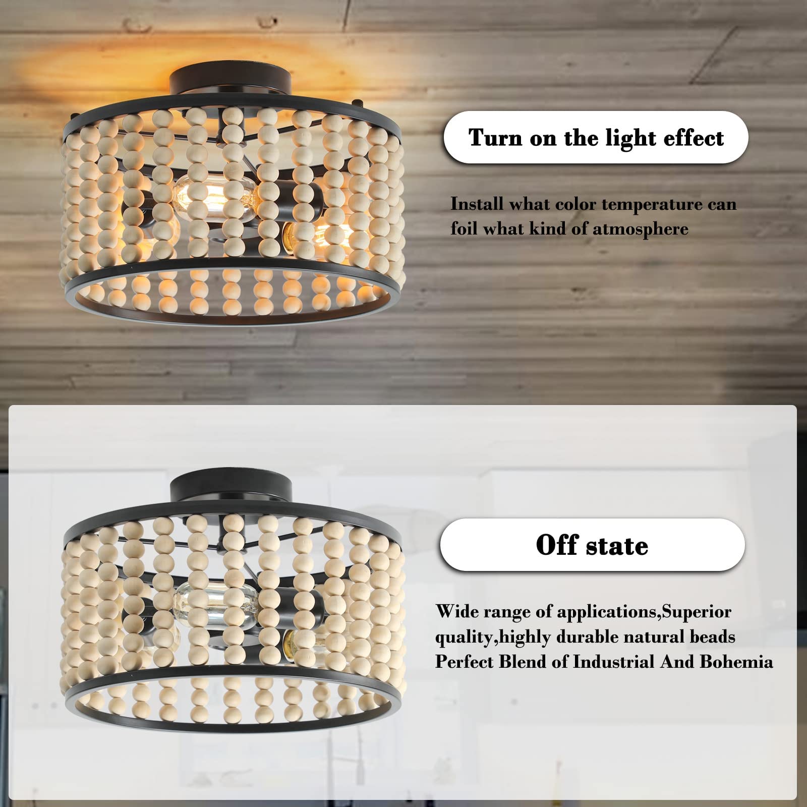 Tewei Wood Bead Chandelier - Rustic Boho Semi Flush Mount Ceiling Light For Kitchen & Living Room