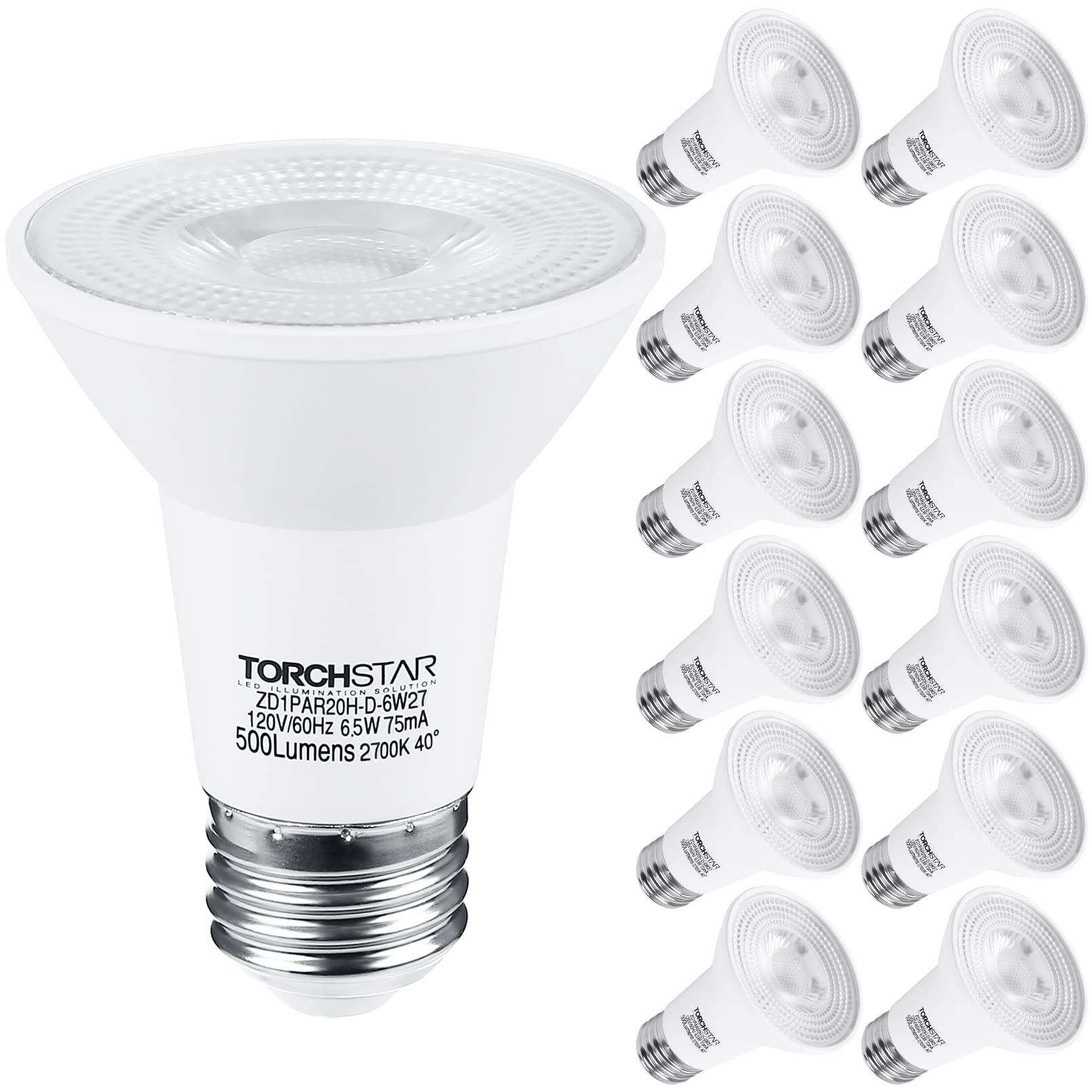 TORCHSTAR 12-Pack PAR20 LED Bulbs, 6.5W 50 Watt Equivalent, 500 Lumens Dimmable LED Spotlight Bulb, 2700K Soft White, CRI90+, E2