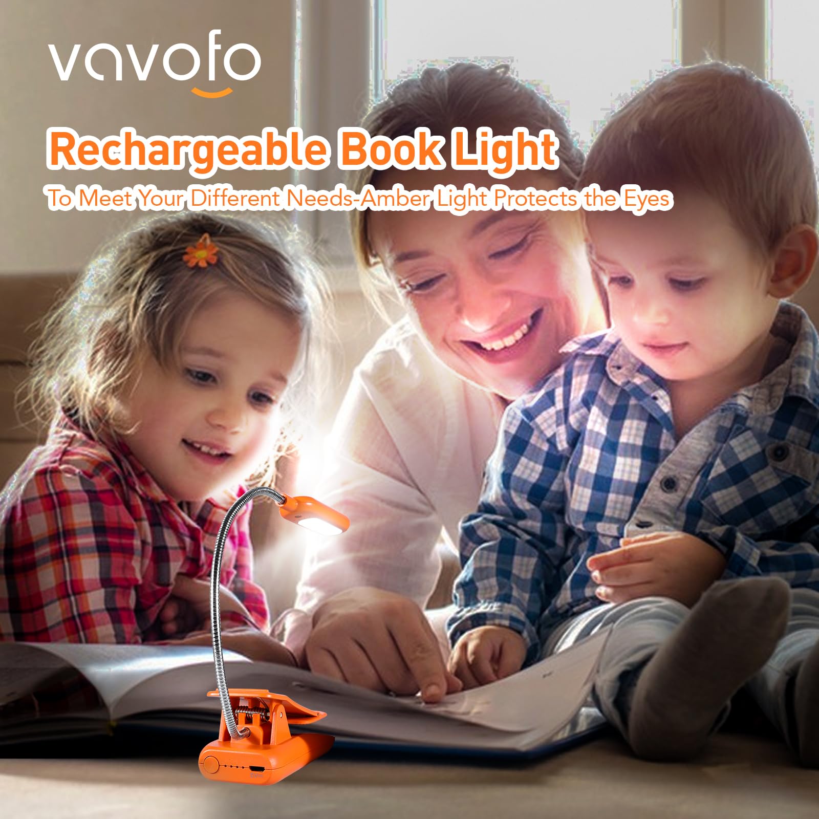Vavofo Rechargeable Book Light, Blue Light Blocking, Amber 1600K Clip On Reading Light, Eye Care 7 Leds Kids Book Light For Read
