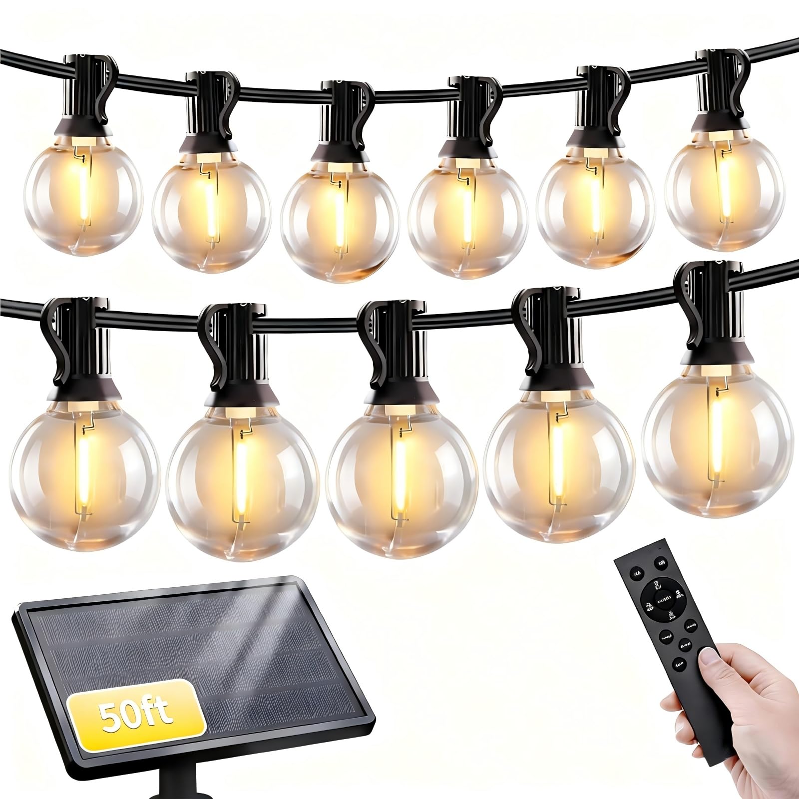 SANBEN Solar String Lights Outdoor with Remote, 50ft 25 Bulbs Solar Powered Patio Lights Waterproof, Dimmable & Timer, G40 LED S