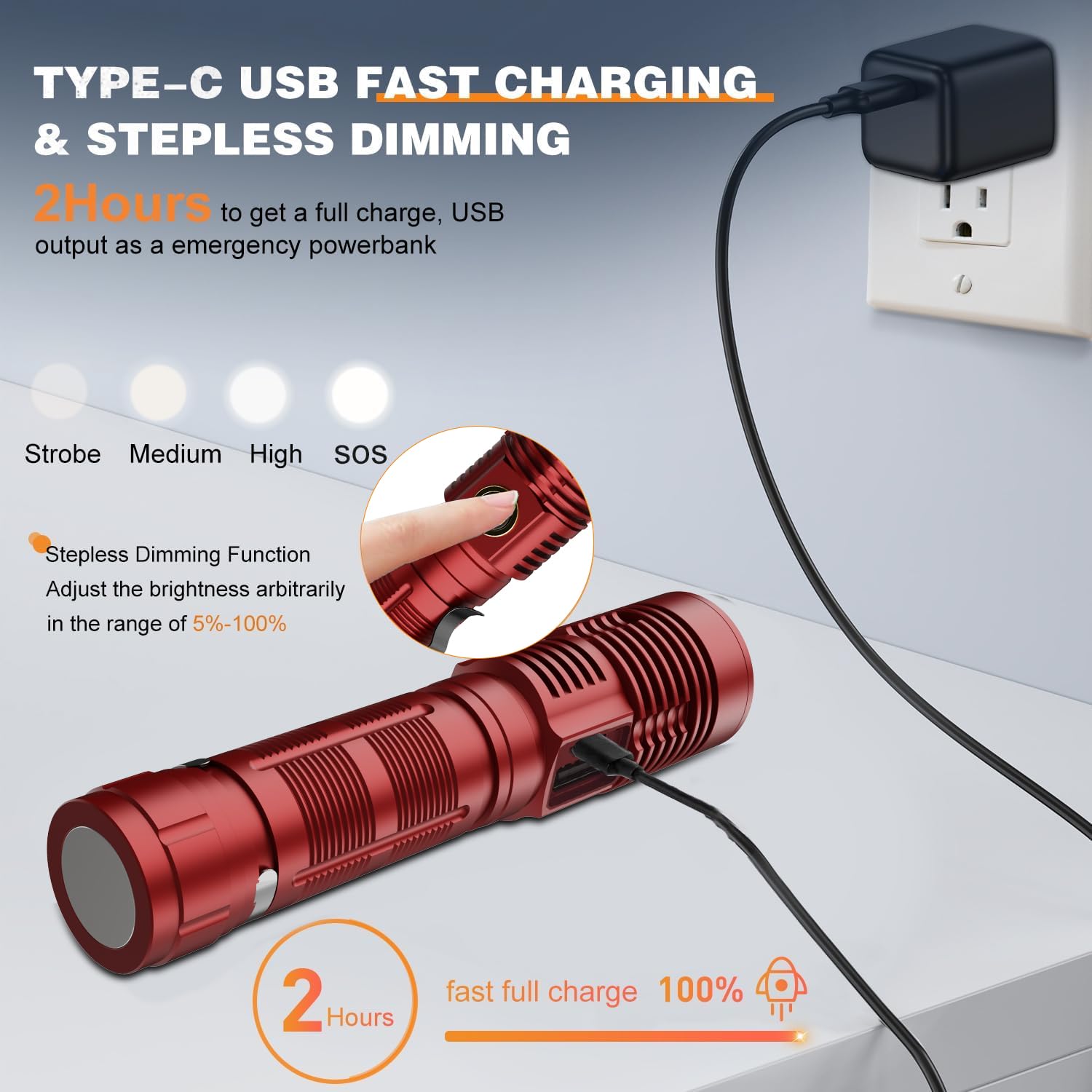 Hoxida Small Tactical Flashlight - 1500m Bright LED, USB Rechargeable, Zoomable, 5 Modes, Red, Model K2301