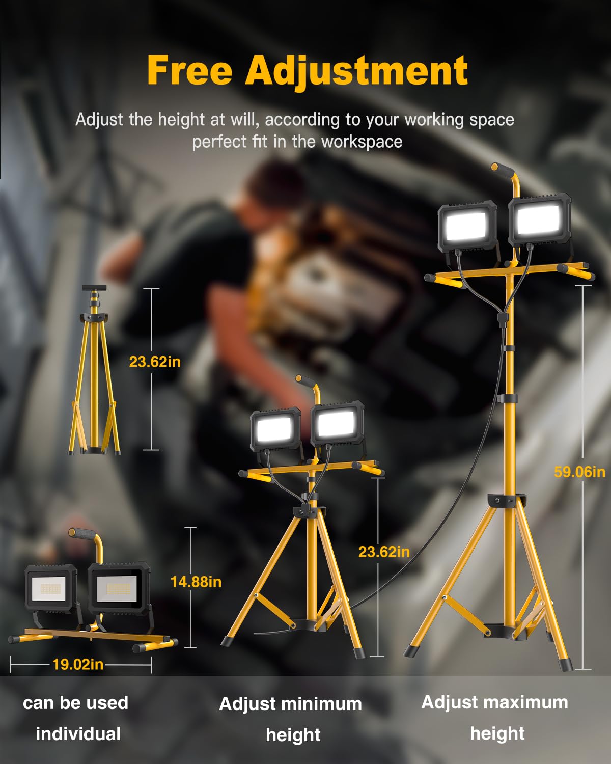 Led Work Light With Stand, 10000 Lumen 2 Adjustable Head Work Light, With Adjustable And Foldable Tripod Stand, Waterproof Lamp