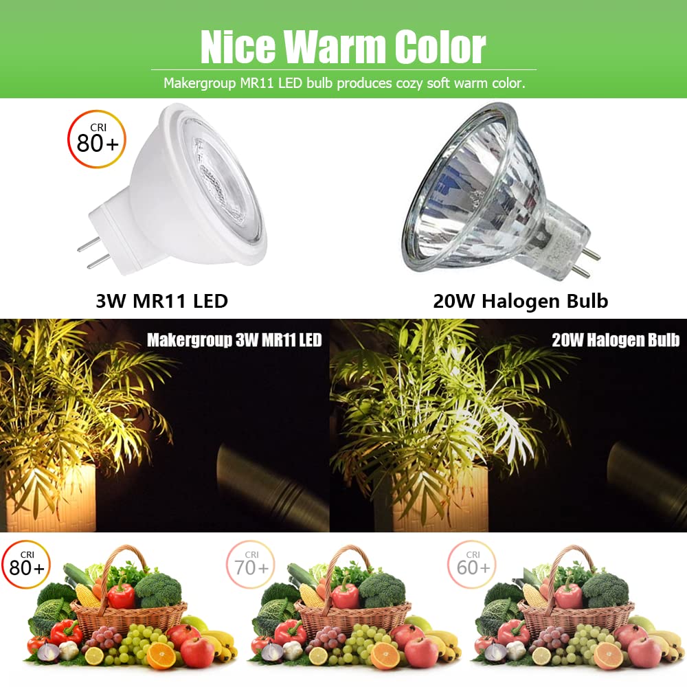 Makergroup MR11 3W Bi-pin LED Bulb, Warm White, 6pcs, Low Voltage 12VAC/DC for Indoor/Outdoor Lighting