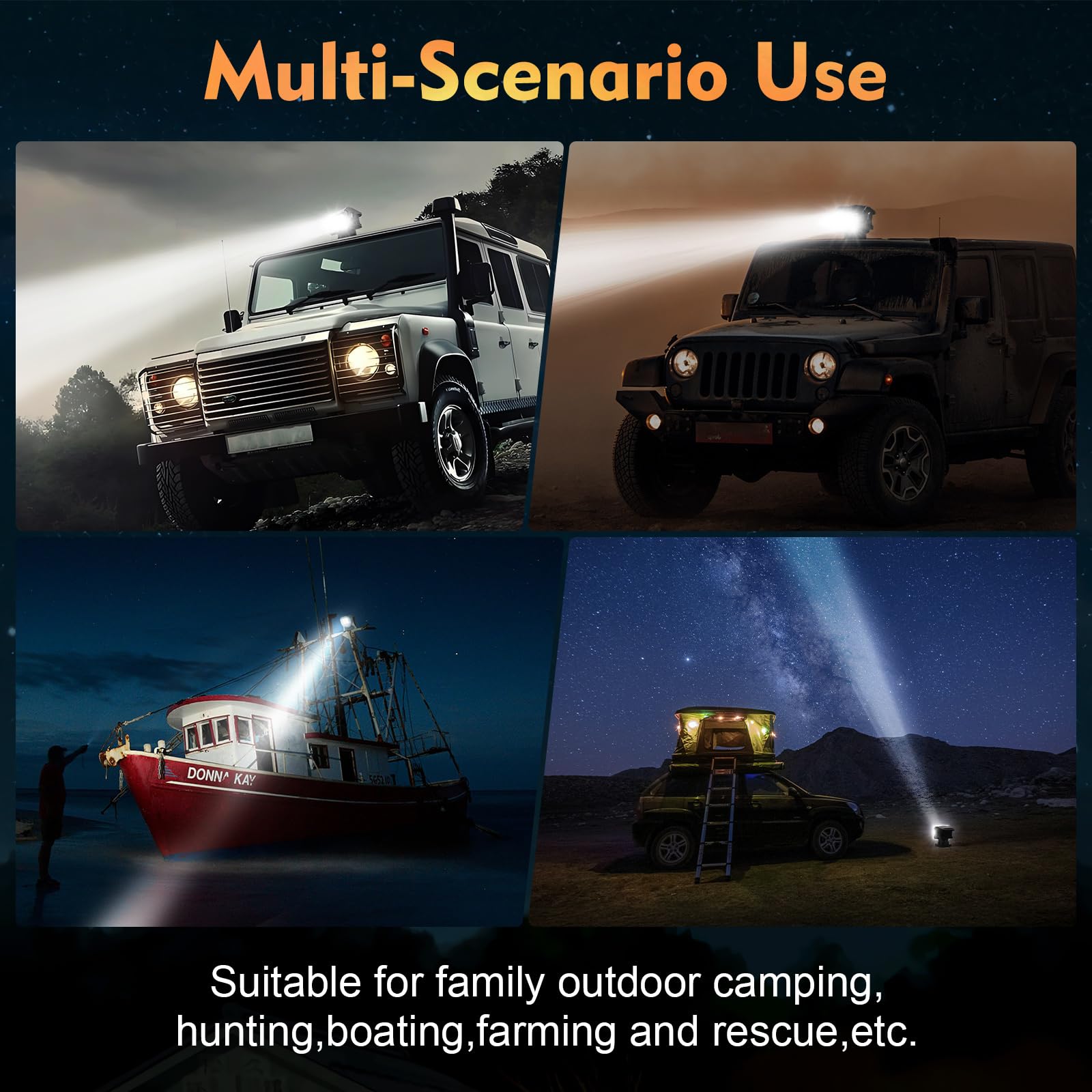 BIGACOVER Remote Control LED Spotlight, 50W Waterproof Searchlight, 360° Rotating, Black, with 5 Strong Magnets for Truck/Boat, 12V/24V