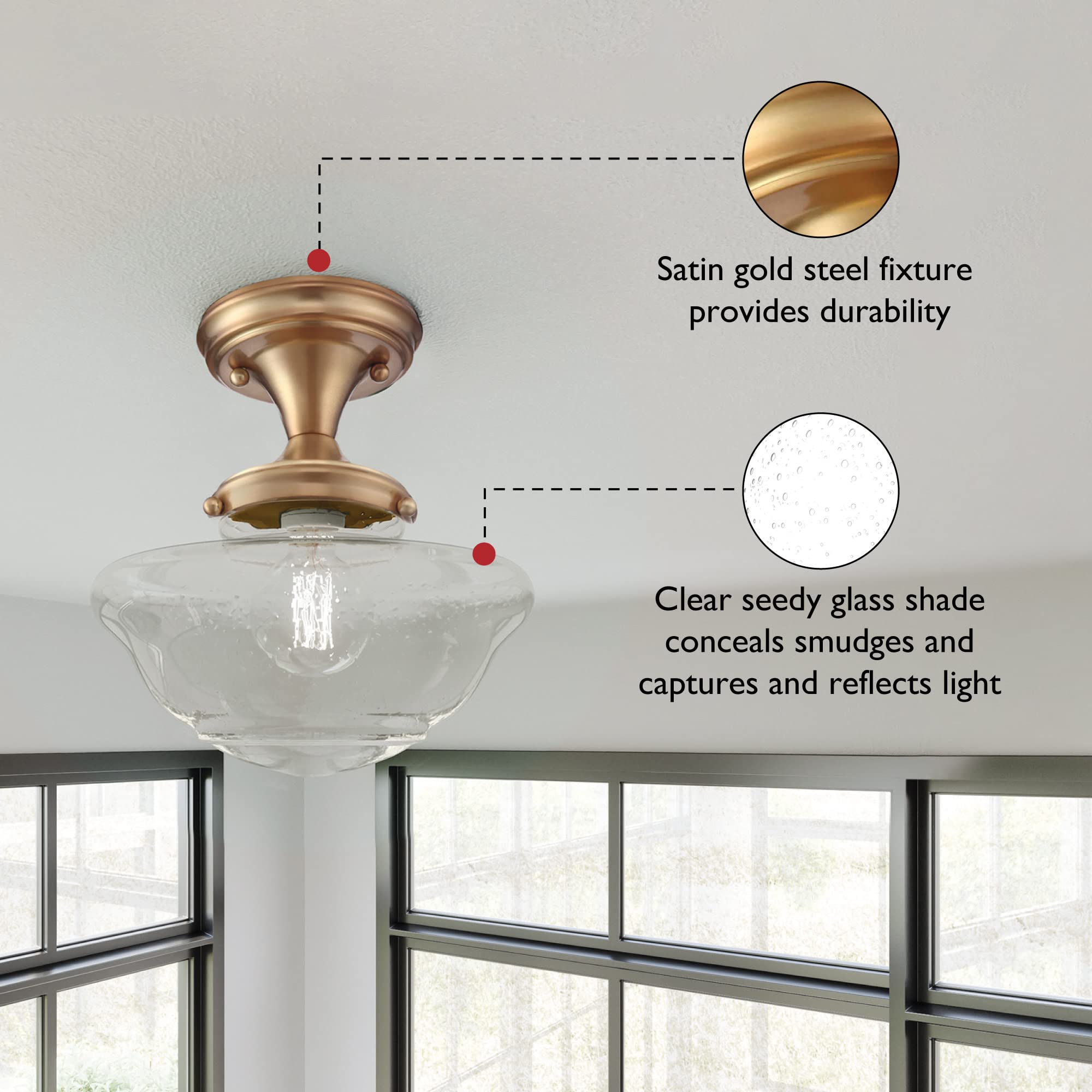 Design House Vintage-Inspired Schoolhouse Semi-Flush Mount Ceiling Light, 9 In X 9 In X 10 In, Satin Gold, Clear Seeded Glass Sh