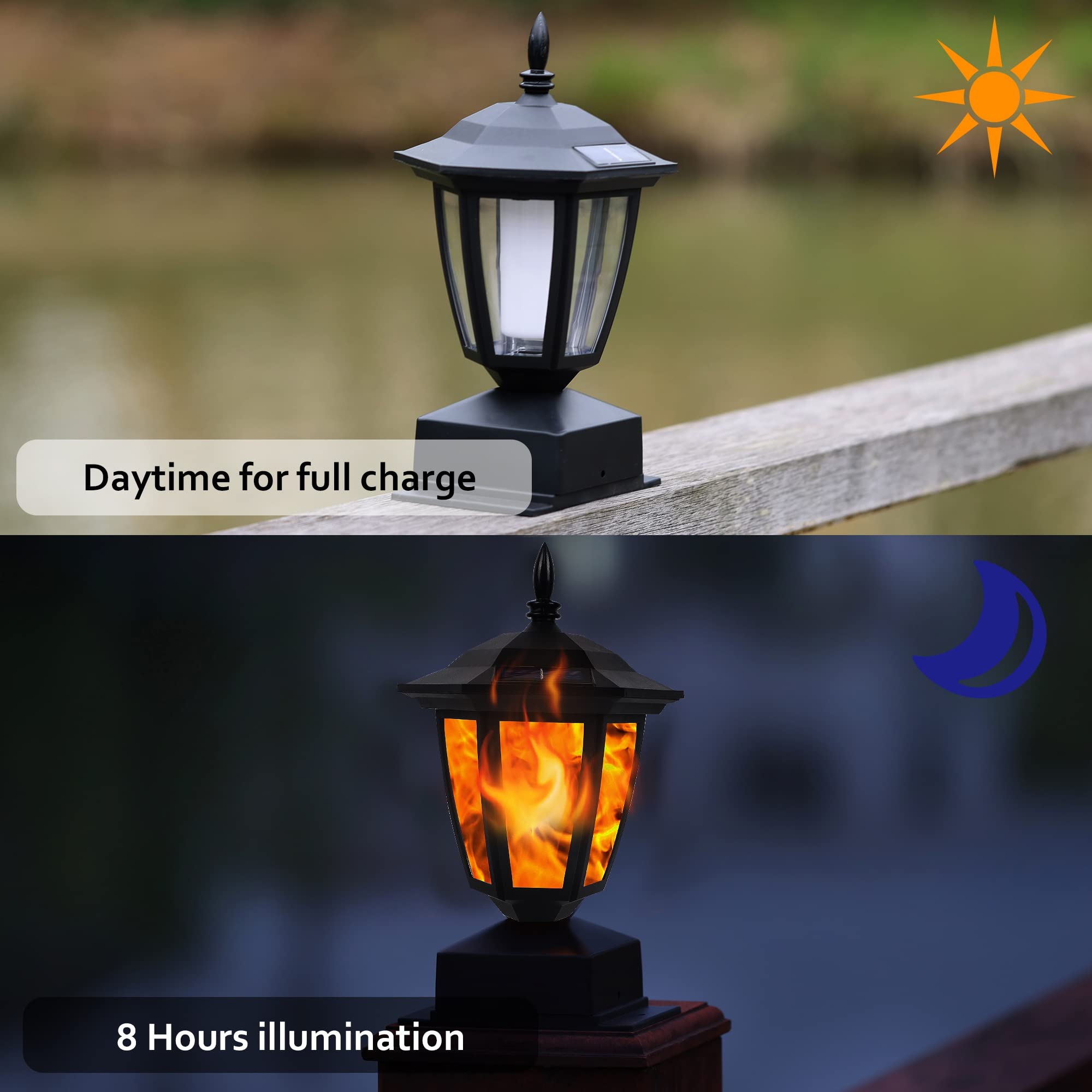 Dynaming Solar Flame Post Lights, Flickering LED Lanterns, Waterproof for Garden Deck Patio, 4 Pack, Black, Model ZTD23216-4