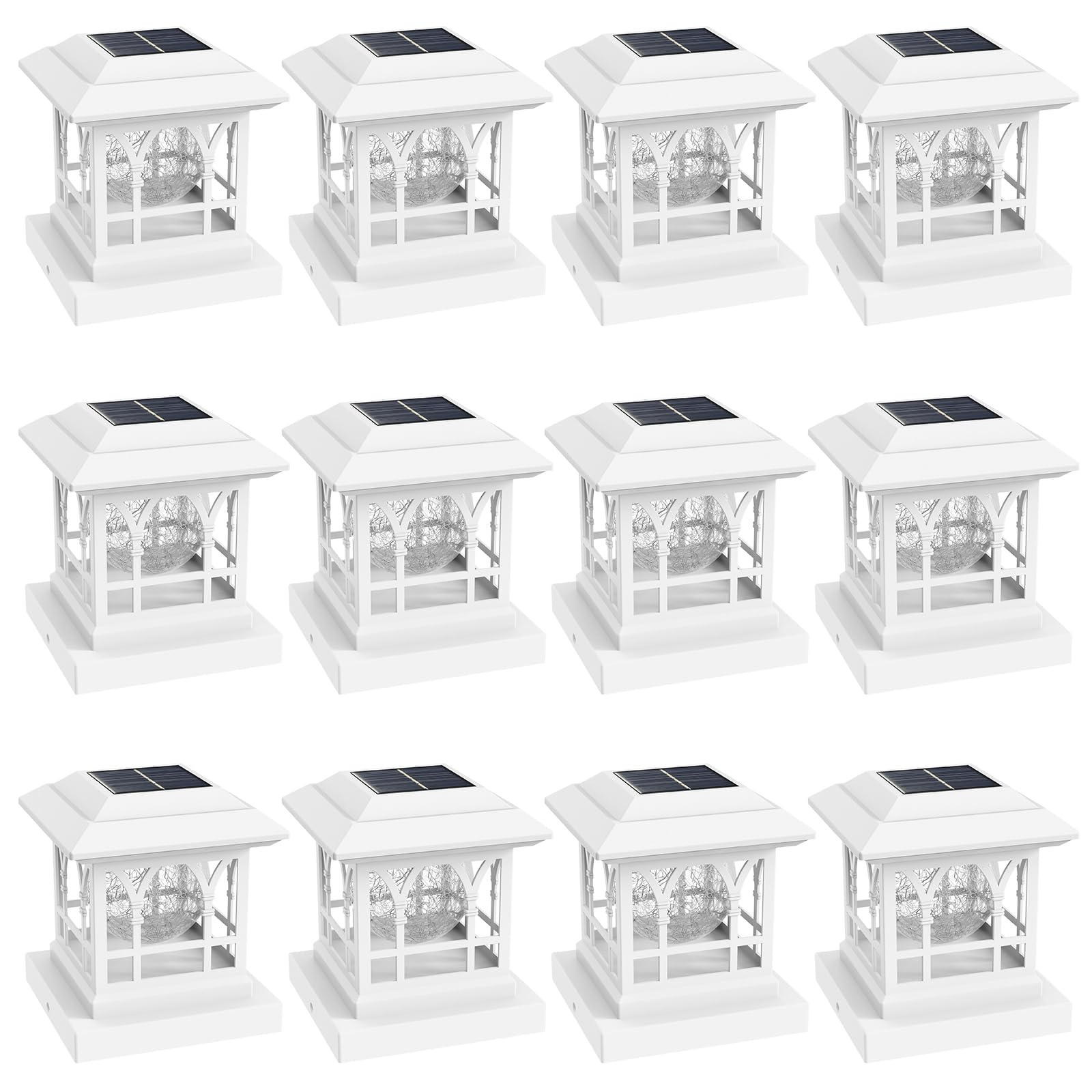 Aeyanzz Fence Post Solar Lights, Crackle Glass Solar Post Cap Lights, 20 Lumens, Warm White & Rgb Automatic Cycling 2 Modes For 3.6X3.6 4X4 4.5X4.5 5X5 Vinyl Wooden Posts Decoration, White (12 Pack)
