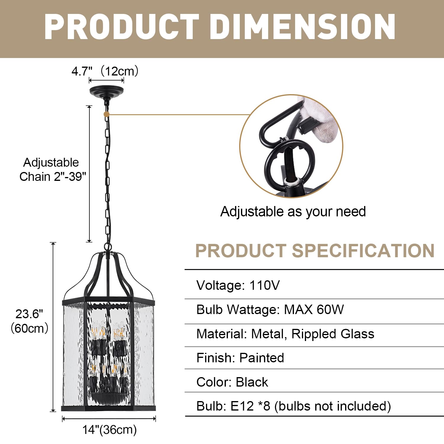 Lighceac 14'' Modern 8-Light Exterior Black Lantern Pendant Light Fixture With Clear Rippled Glass Mini Industrial Hanging Cage