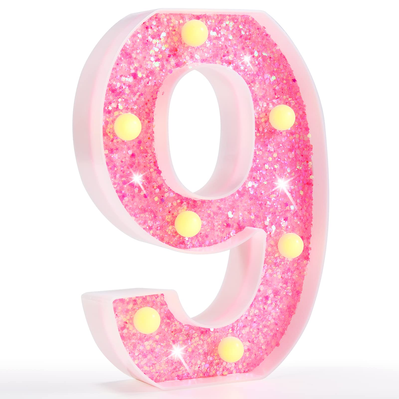 Pooqla Marquee Numbers Lights, Light up Numbers Battery Powered, Glitter Lighted Numbers for Birthday Party, Shiny LED Numbers for Christmas Wedding Home Bar Decoration, Pink Number 9