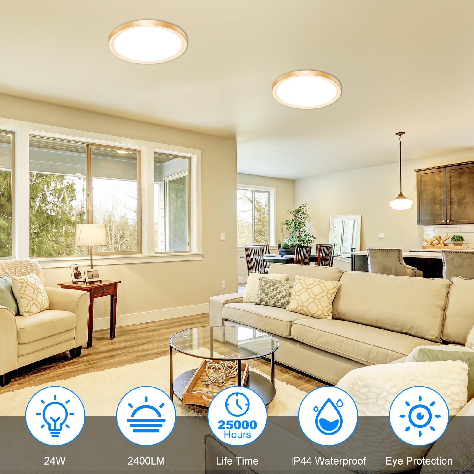 Peasur 12 Inch LED Ceiling Light, 24W Slim Flush Mount, 3000K/4000K/6500K Adjustable, Gold, Model CLS29A-2-GD