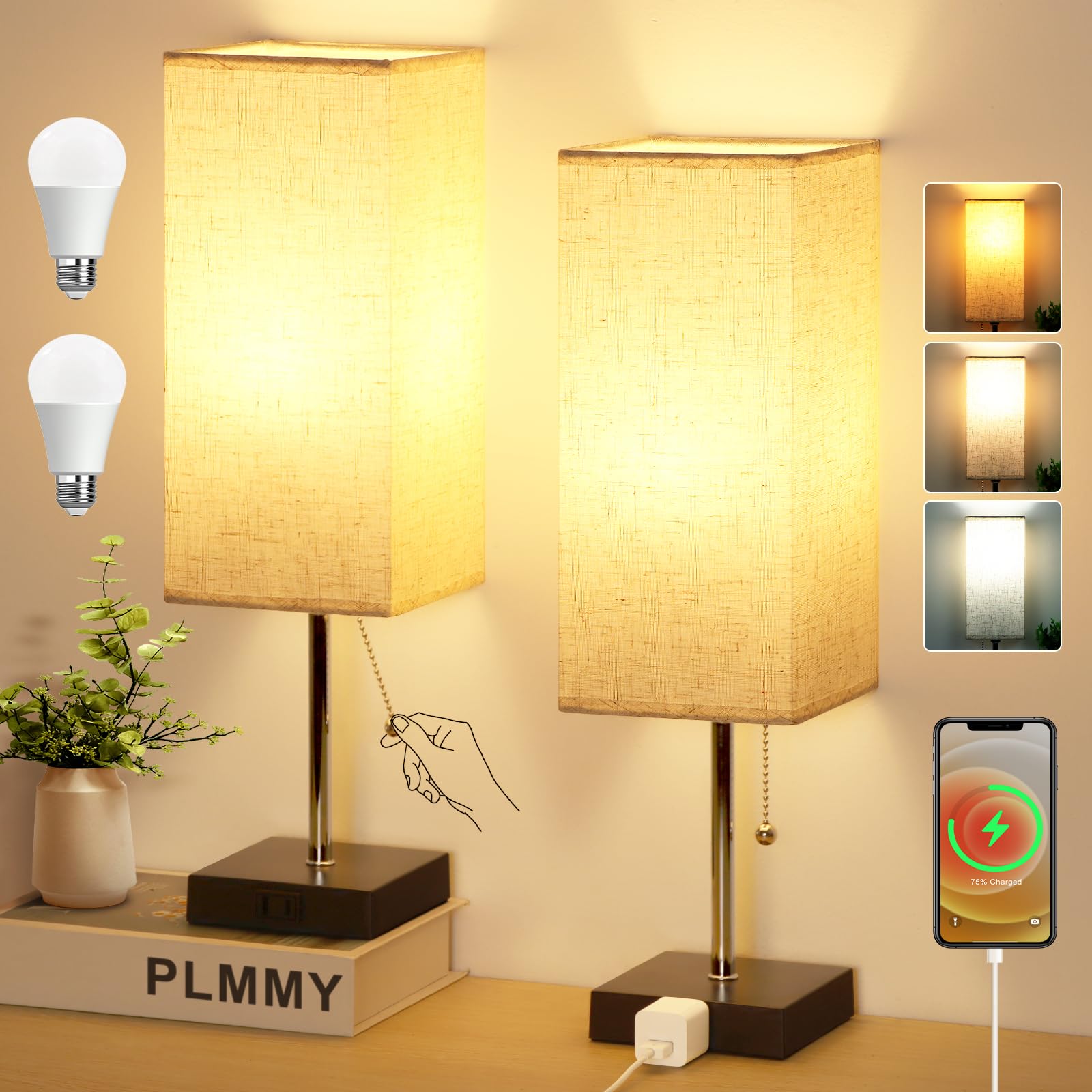 Table Lamp for Bedroom Set of 2, Bedside Lamps with 3 Color Temperatures Night Light, Lamp for Night Stands with AC Outlet and S