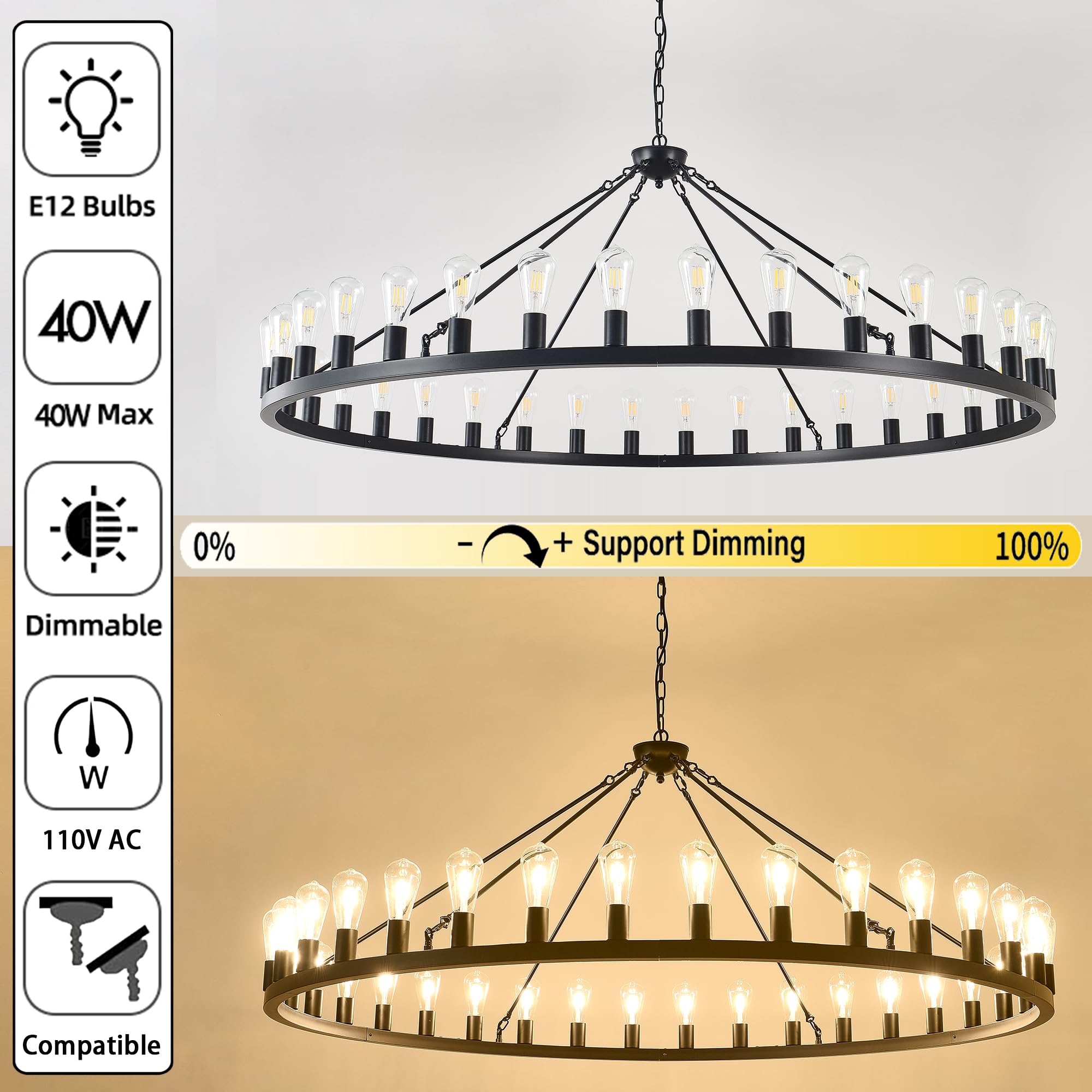 Zbmyrbzj Large Black Wagon Wheel Chandelier 64 Inch,36-Light Farmhouse Wagon Wheel Chandeliers Round Industrial Ceiling Light Fi