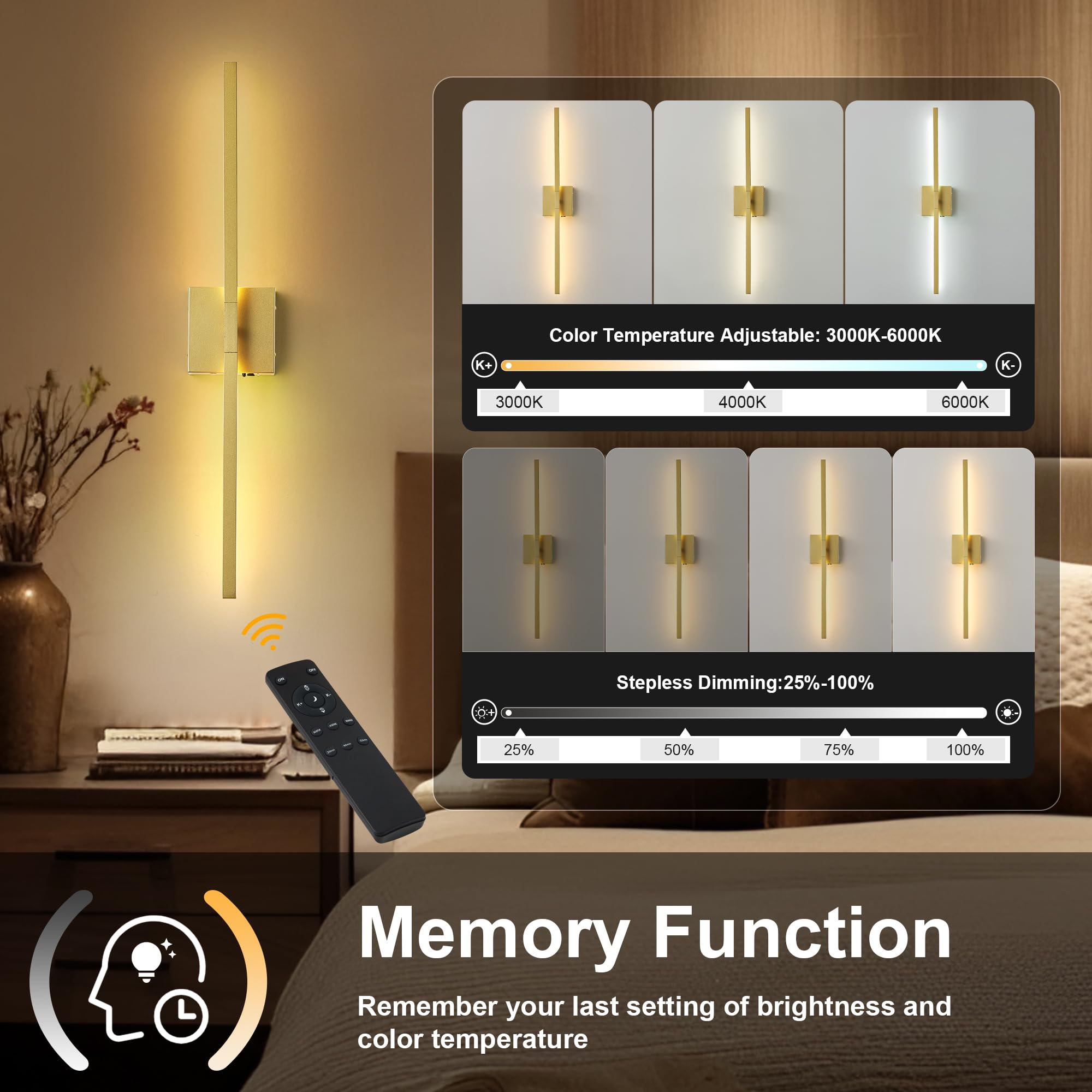 KARTOOSH Wireless Wall Sconce - 28.3" Gold Modern Lamp with Remote, Adjustable Light Color & Brightness, Battery Operated, Model ZM320BGD70-1A