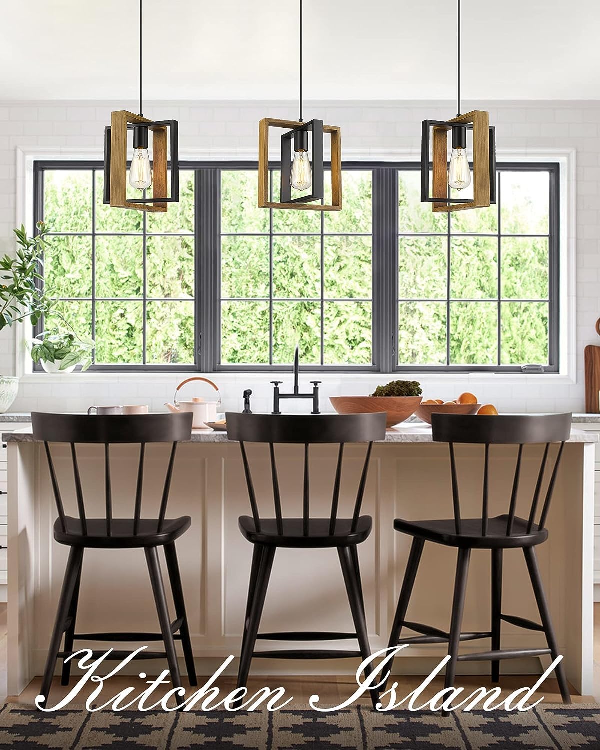 CAFULAM Modern Adjustable Black Pendant Lighting, 2 Pack Wood+Metal Fixture for Kitchen Island, Model PTC