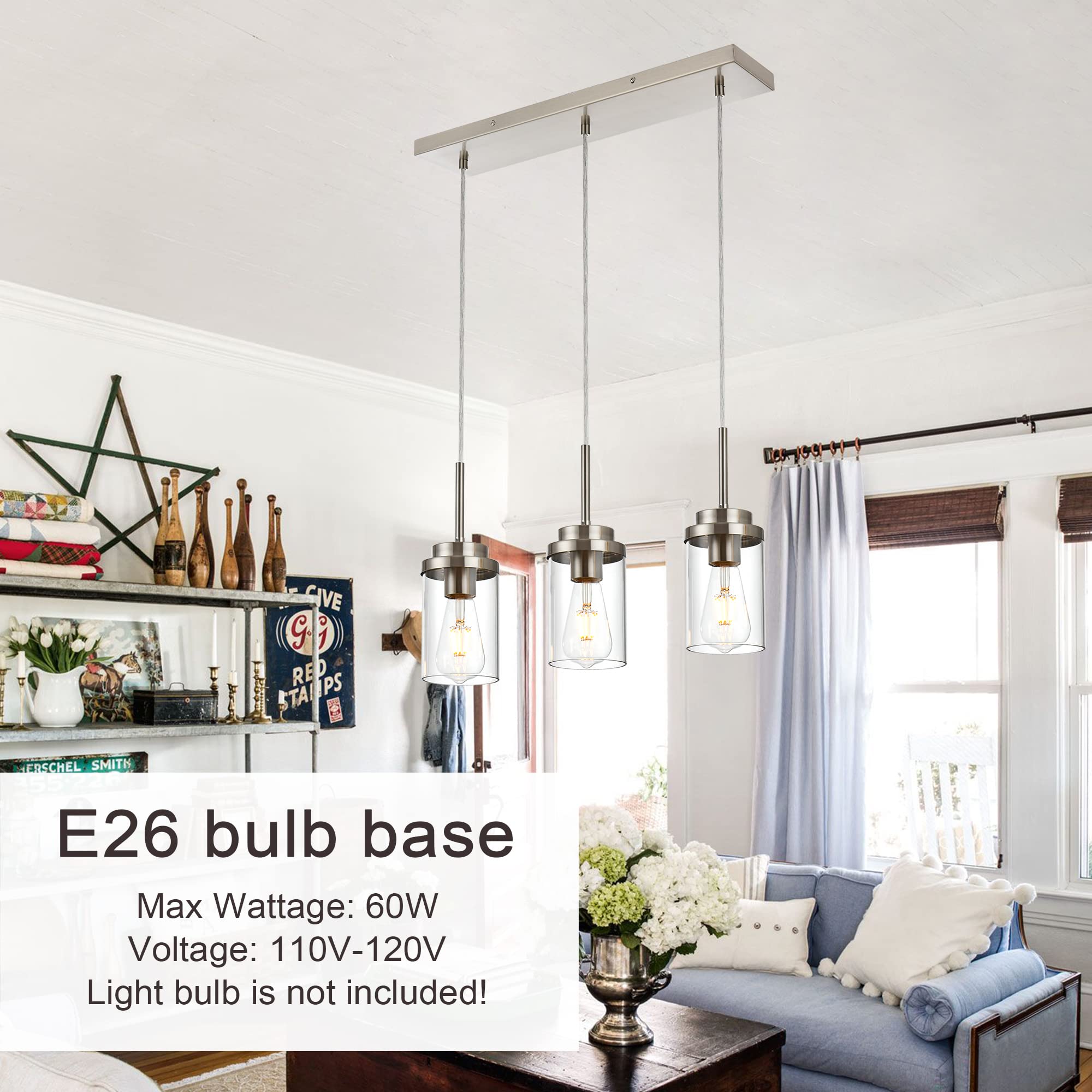 MELUCEE Kitchen Pendant Lighting 3 Lights Brushed Nickel Chandelier 23.6" Clear Glass Shade
