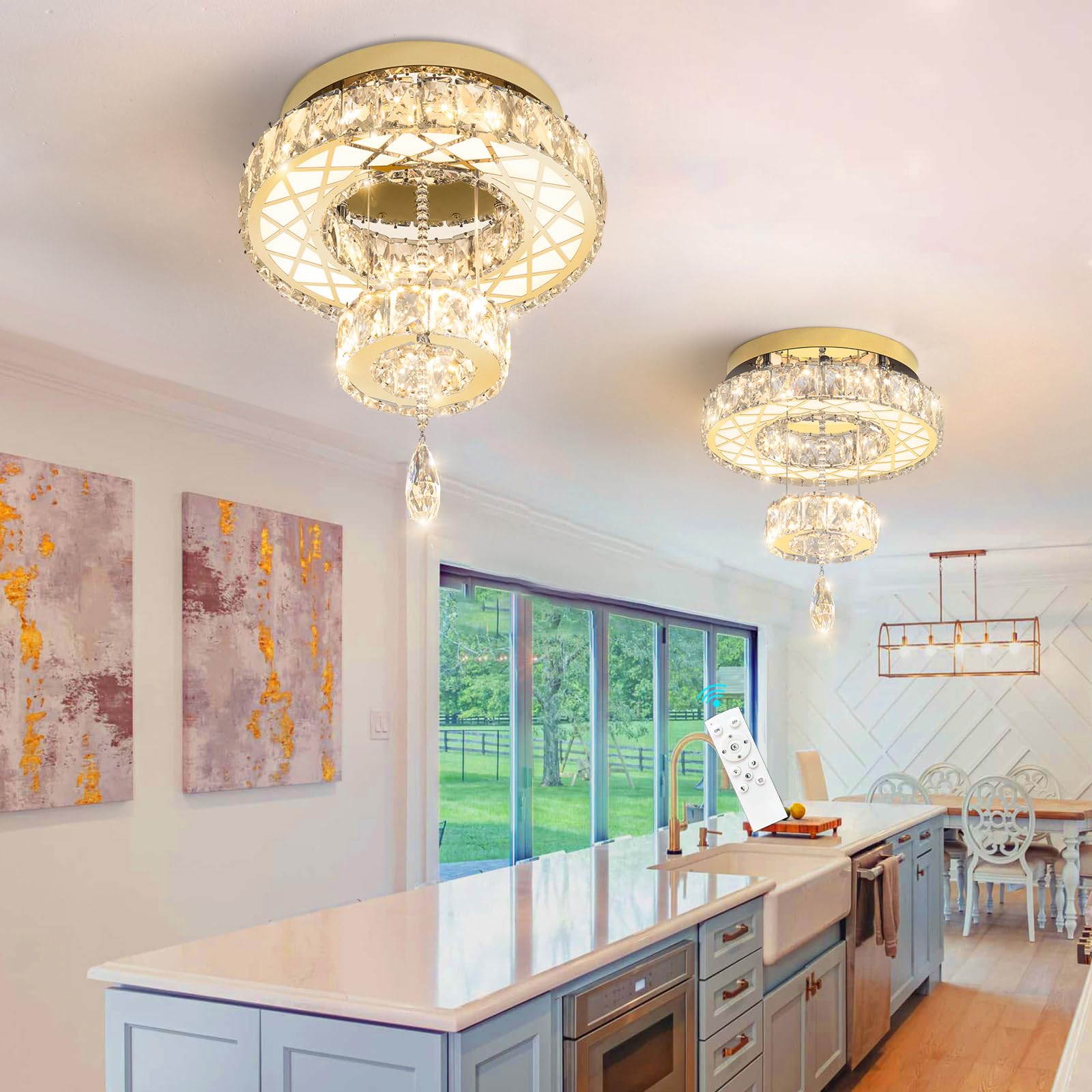 HAIXIANG Modern Glam Ceiling Chandelier, Dimmable, Remote, 12 inch, Stainless Steel & Crystal, Gold, Model MMQ3831