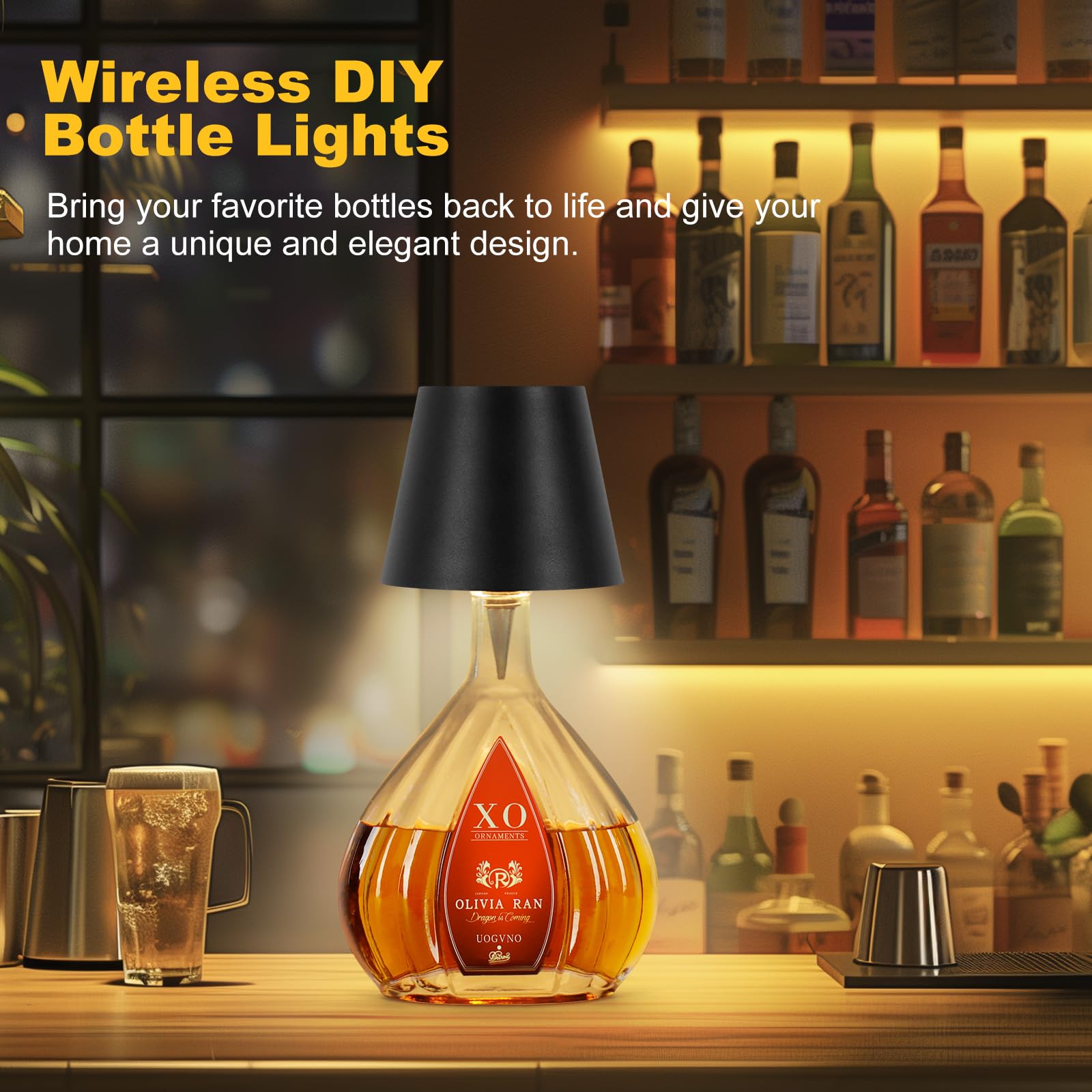 Mebaraul 2 Pack Wireless Bottle Lamps, Touch Dimming, Rechargeable, Black, Model JP001-RG01