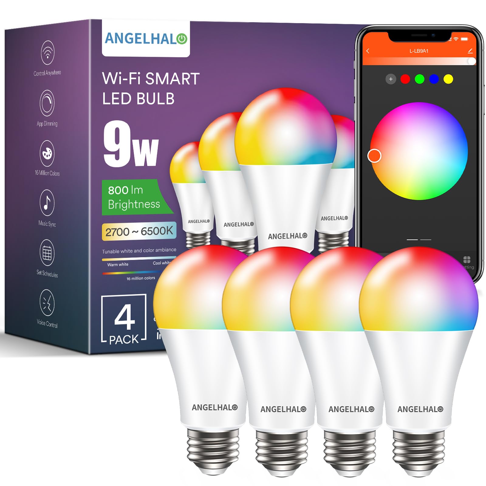 ANGELHALO Smart Light Bulbs A19 LED, Wi-Fi & Bluetooth, Color Changing, 800 Lumens, 4 Pack, Multi-Colored, Model L-LB9A4