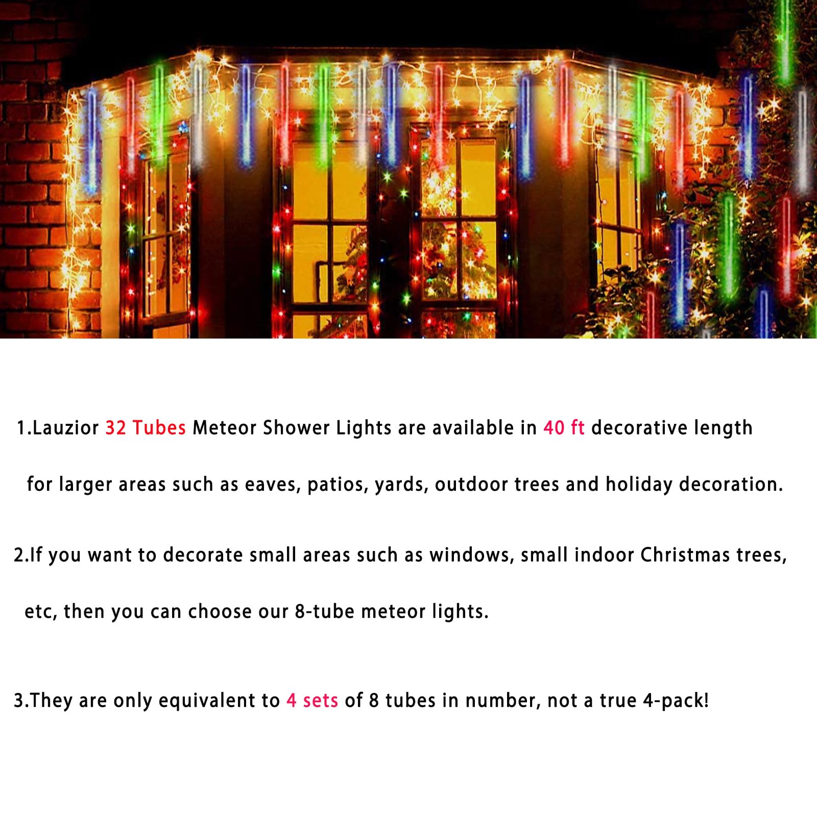 Christmas Outdoors Decoration, 32 Tubes Meteor Shower Lights Outdoor Indoor, Lauzior Snow Falling Icicle Cascading Lights For Ch