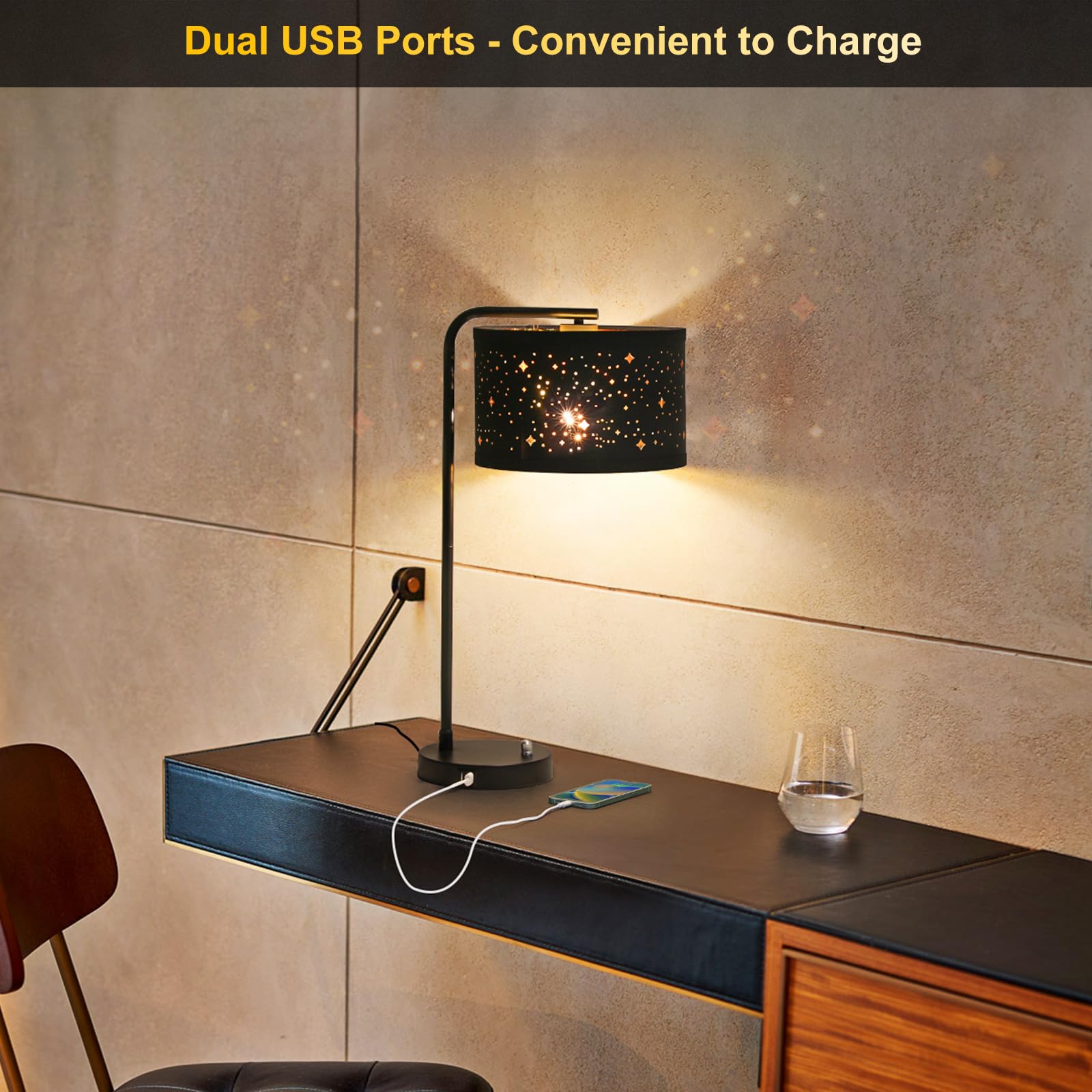 Bedside Table Lamp, Fully Dimmable Table Lamp With 2 Usb Ports, Modern Nightstand Lamps With Stars Shade, Usb Side Table Lamp, T