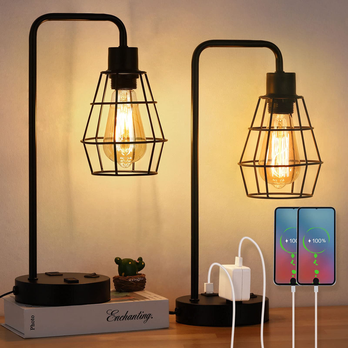 Bty Usb Edison Table Lamp Set Of 2, Bedside Nightstand Desk Lamps With Dual Usb Charging Ports And 2 Prong Ac Outlet Metal Wire