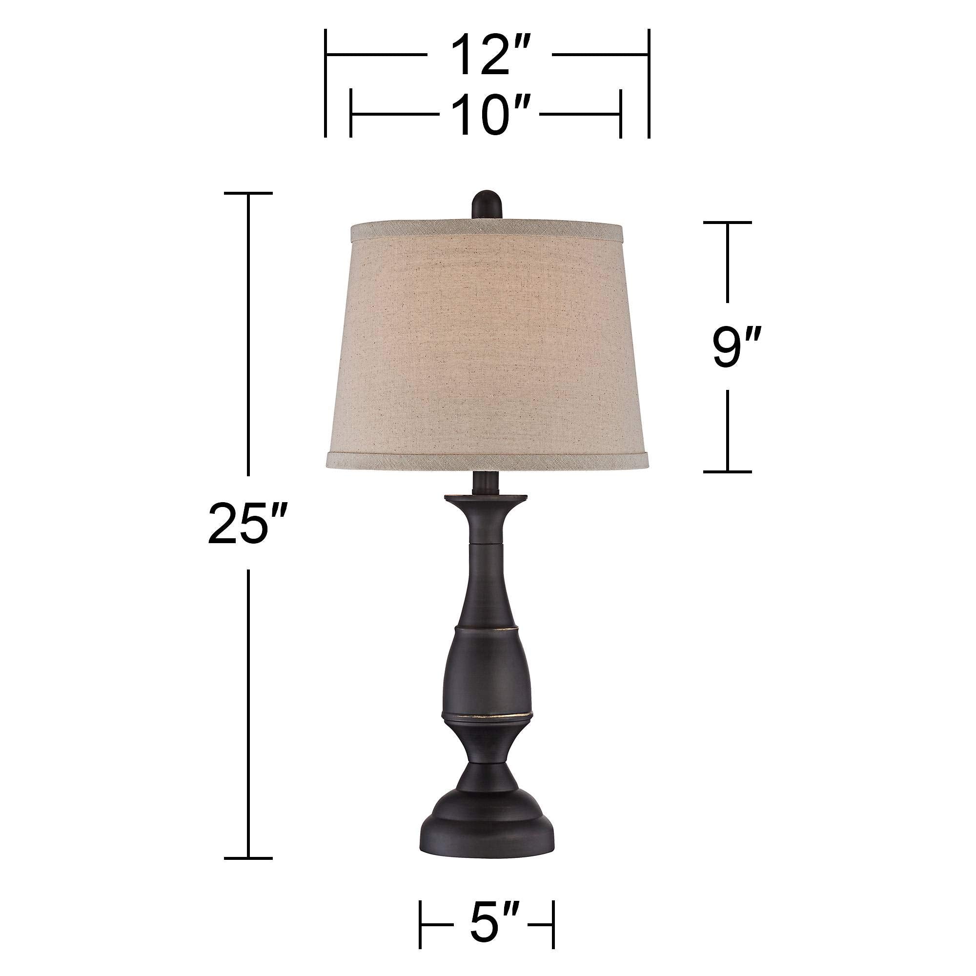 Regency Hill Table Lamps Set of 2, 25" High, Dark Bronze Metal with Beige Linen Drum Shade for Living Room, Bedroom, Home Office