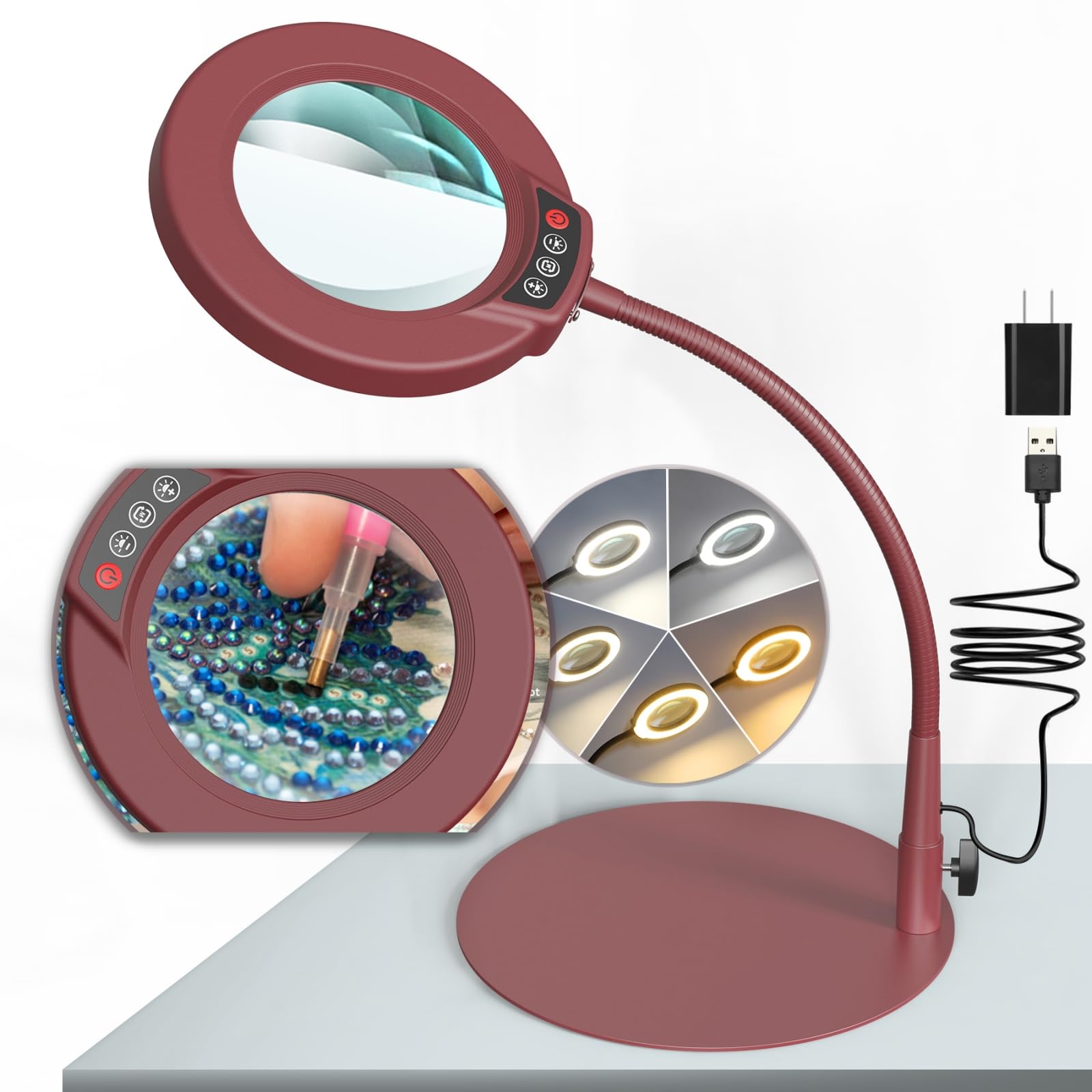 Krstlv 10X Magnifying Glass with Light, LED Desk Lamp, Flexible Gooseneck, Metal, Model EG906, Red