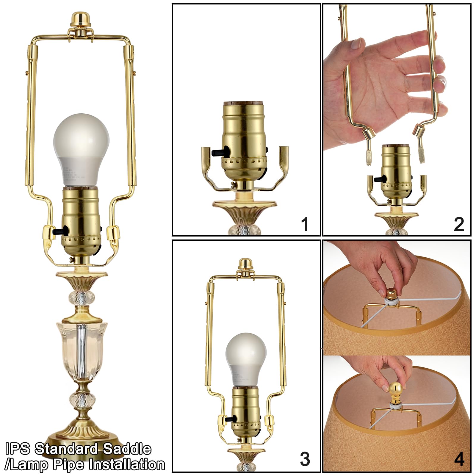 7 8 9 10 Inch Lamp Shade Harp Holder,Gold Lamp Harp Kit,Fit Both Standard Lamp Rod And E26 Light Base Uno Fitter Adapter,With 2