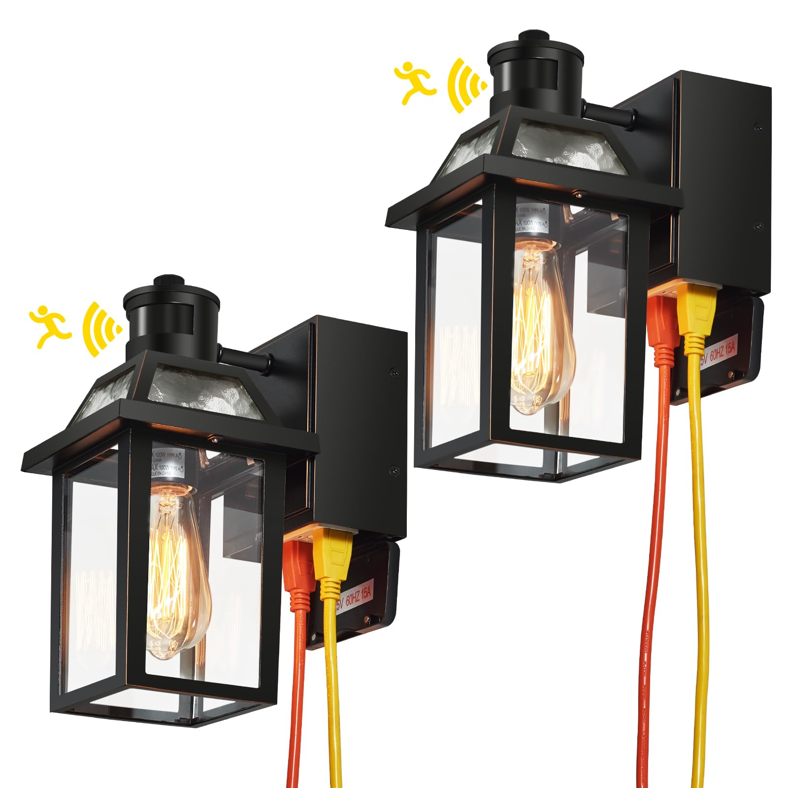 Yisuro Porch Lights with GFCI Outlet, Dusk to Dawn, Motion Sensor, 2 Pack, Aluminum, Black