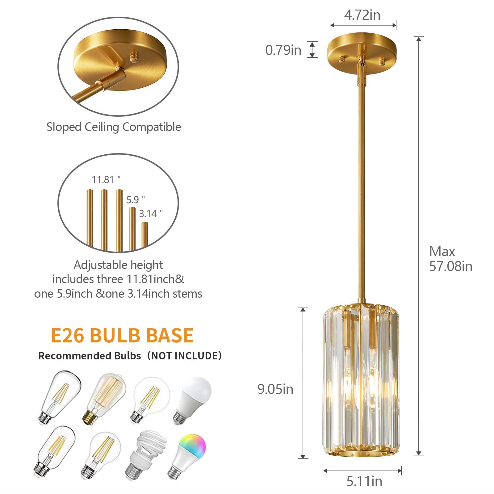 Zhllmq Gold Pendant Lighting Modern Pendant Light Mini Crystal Chandeliers Adjustable Pendant Light Fixture For Kitchen Island Dinning Room Corridor Bedroom (Gold 1-Light)