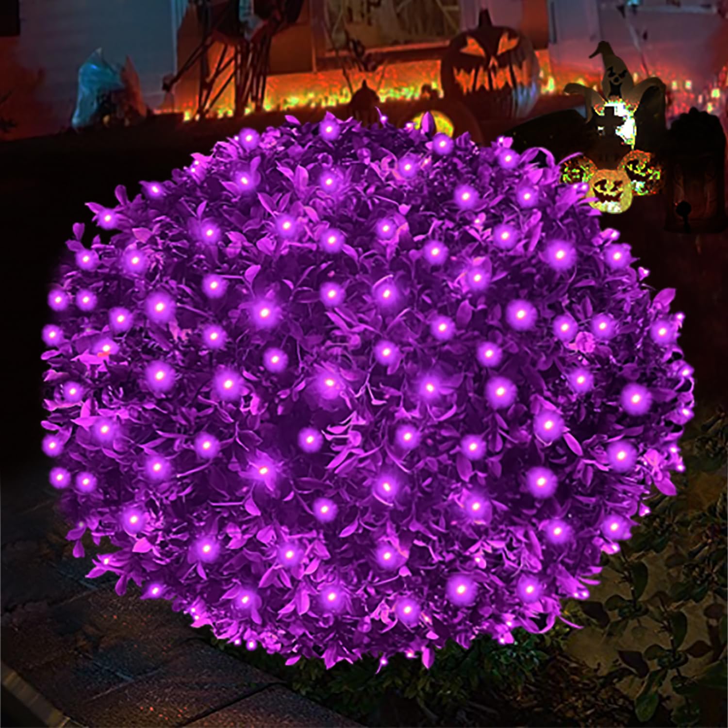 Halloween Lights Outdoor,100LED 5ftx5ft Purple Halloween Net Lights With Connectable, Waterproof ,UL Certified and Durable Green Wire Design for Bushes,Trees,Halloween Decorations Outdoor(Purple)