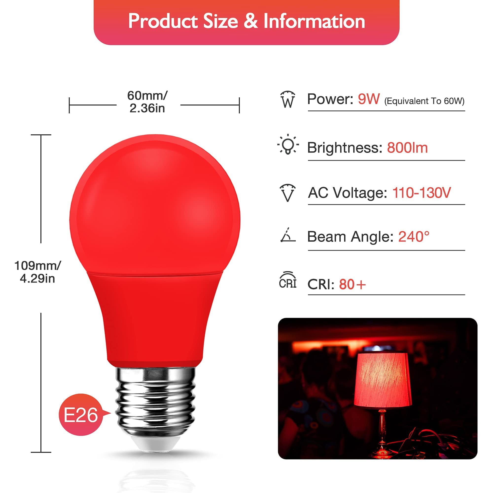 EvaStary LED Red Light Bulb, 9W A19 E26 Base, 60W Equivalent, 2 Count, Ideal for Halloween, Christmas, Party, and Mood Lighting