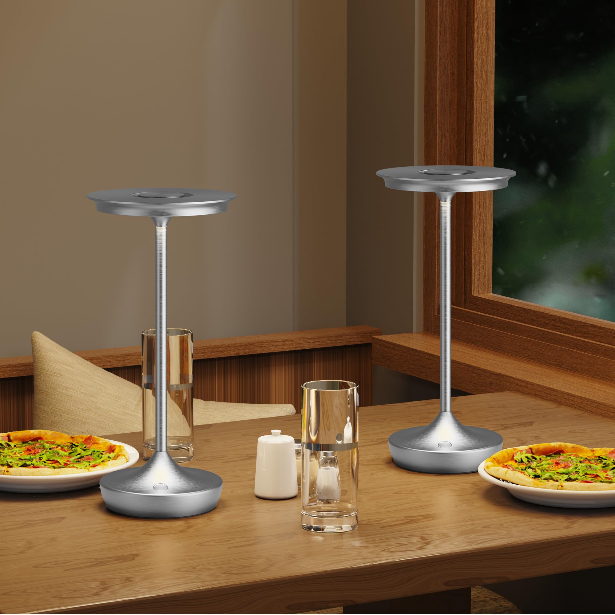 SHANGCAI LED Cordless Table Lamps - Rechargeable, 3 Color Stepless Dimming, Aluminum, 2 Pack, Silver