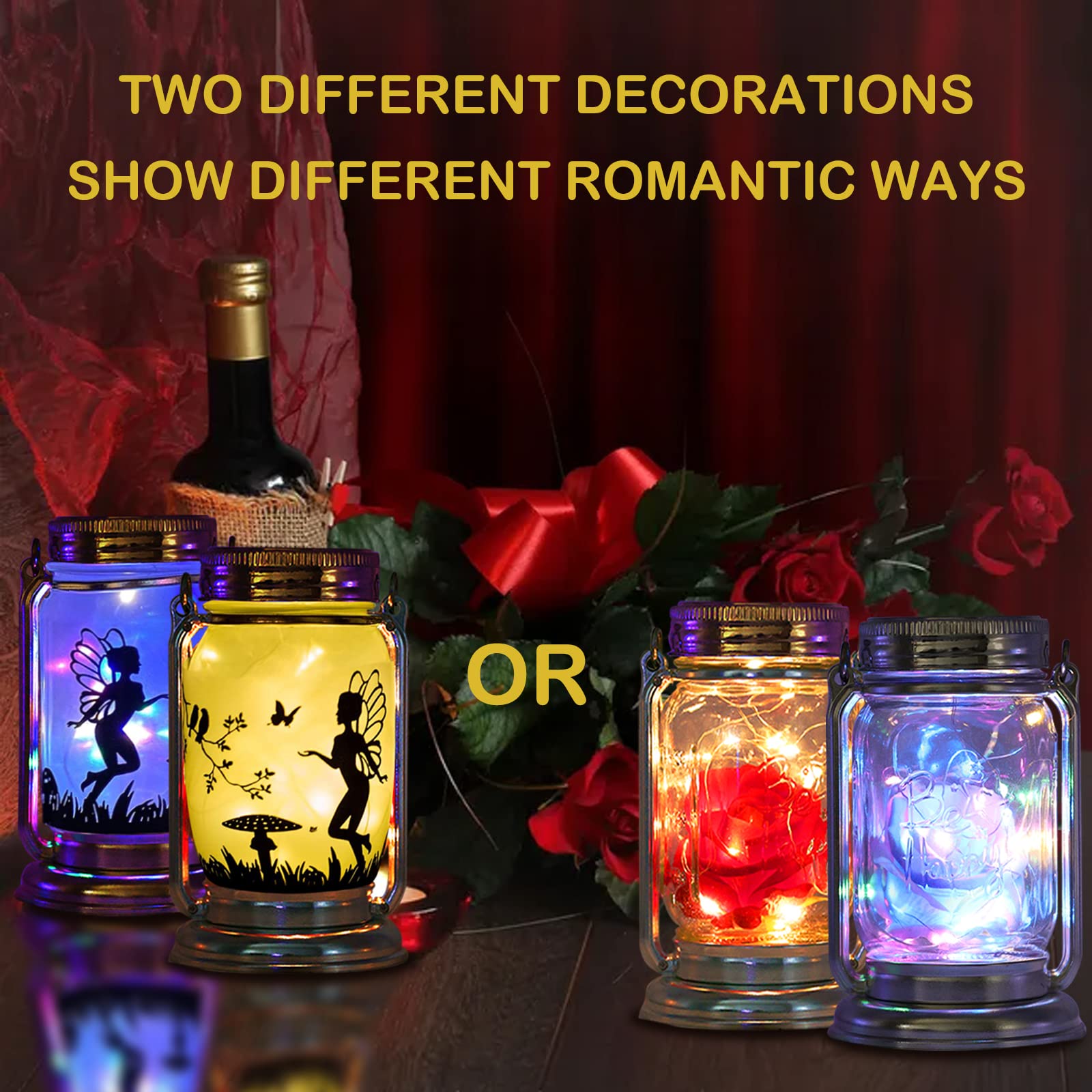 Angmln Romantic Rose In Glass Mason Jar Solar Powered - 2 Pack Enchanted Rose Gift For Her Light Up In Glass Lantern, Valentine'