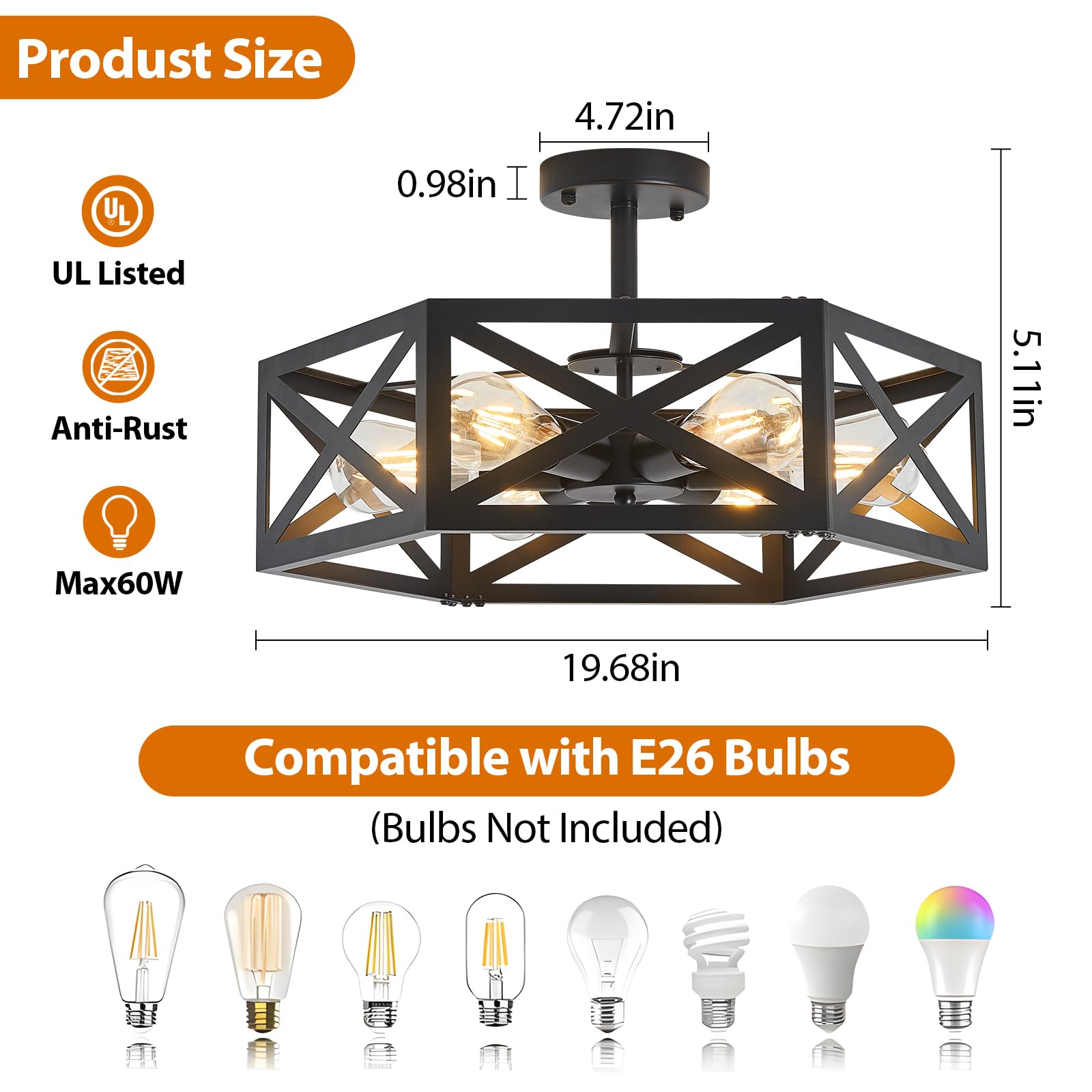 Oteedo Modern Semi Flush Mount Ceiling Light 19.7 6-Light Hexagon Flush Mount Ceiling Lights For Dining Room Light Fixture Farmhouse Black Metal Kitchen Island Lighting Fixtures For Hallway Bathroom