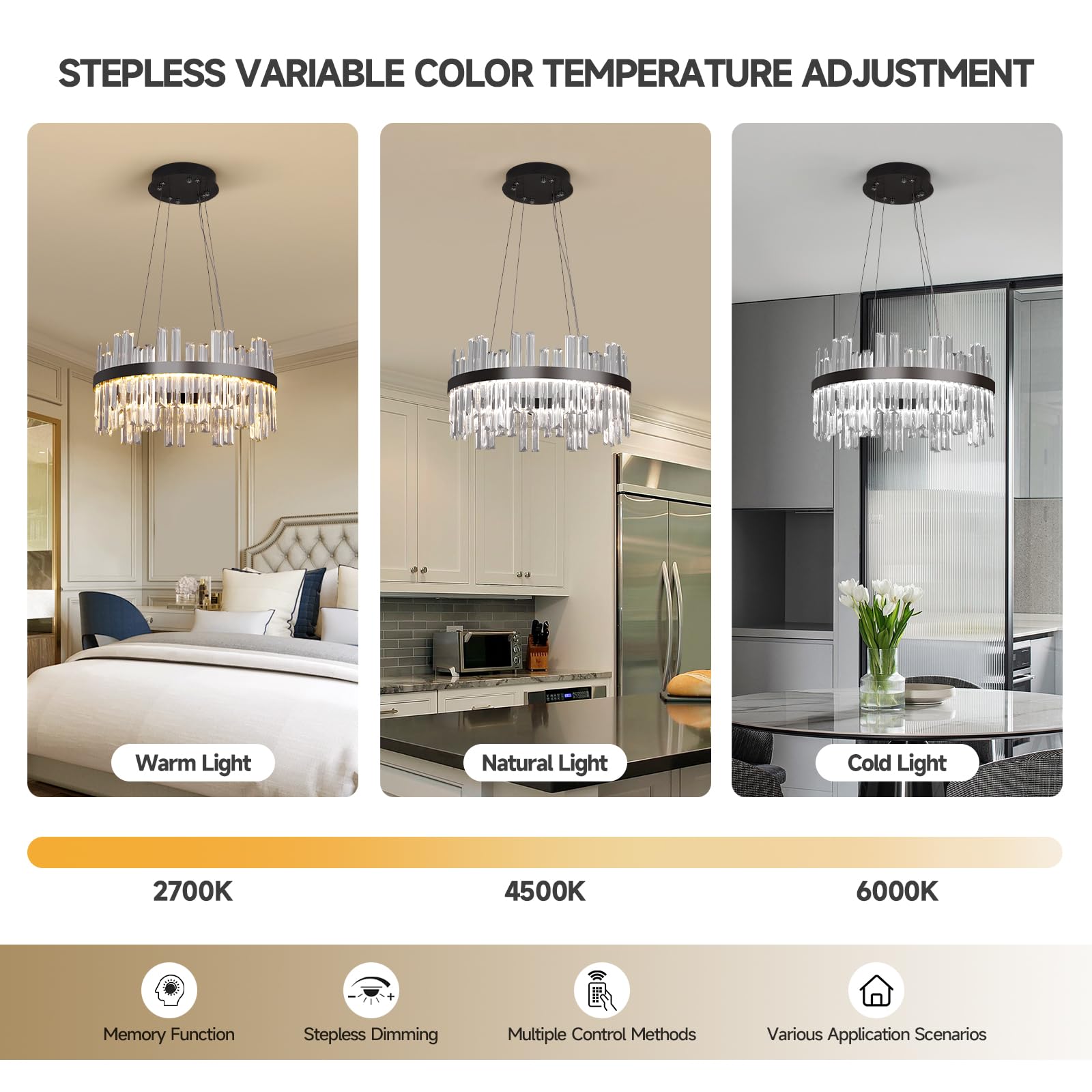 Black Led Modern Crystal Chandelier: 19.7 Round Contemporary 3 Color Dimmable Dining Room Light Fixture Over Table - Adjustable Lighting Chandeliers For Bedroom Living Kitchen Island Entryway Foyer