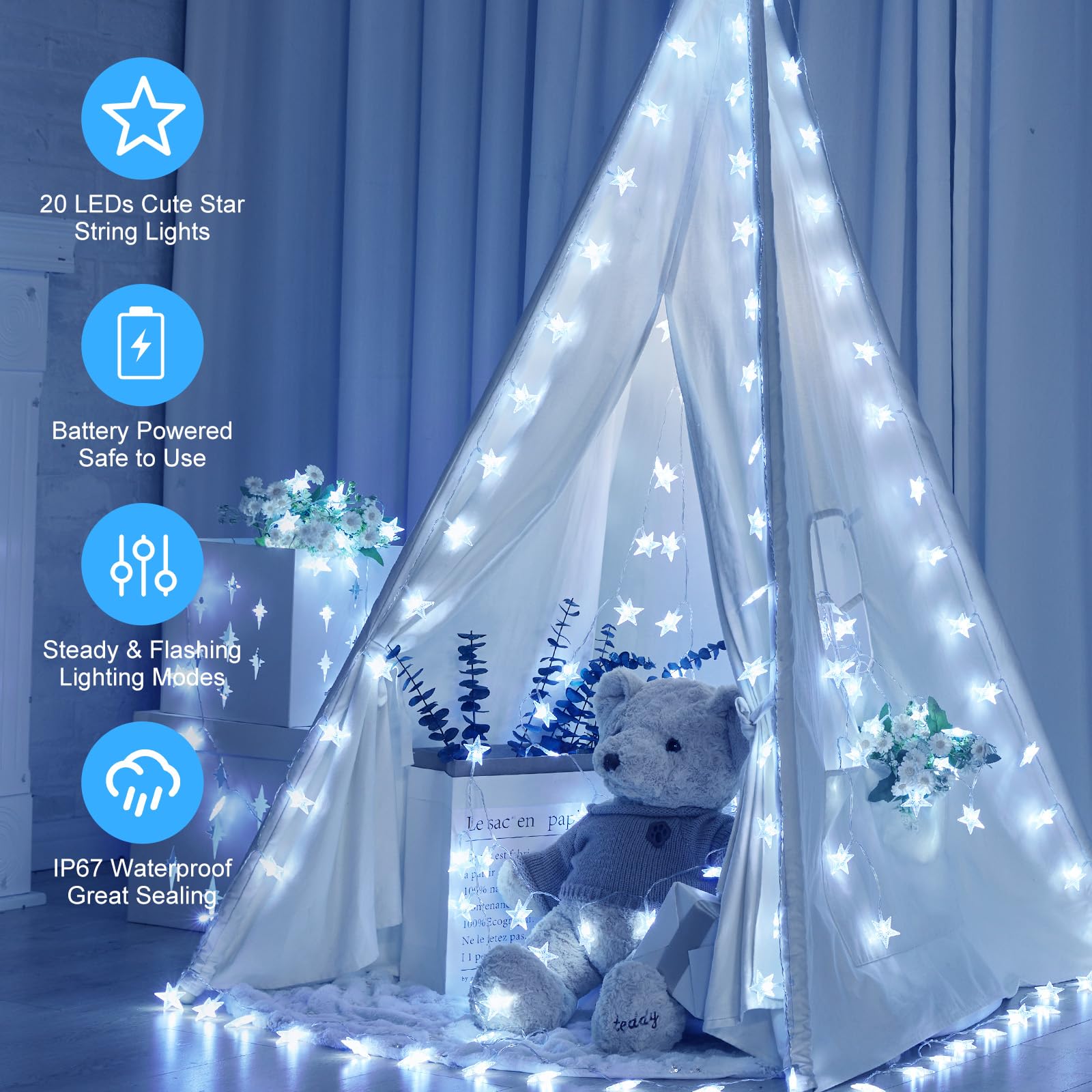 Minetom Star String Lights - 50 LED Fairy Lights, 17 ft, Battery Operated, Waterproof, 2 Pack, White