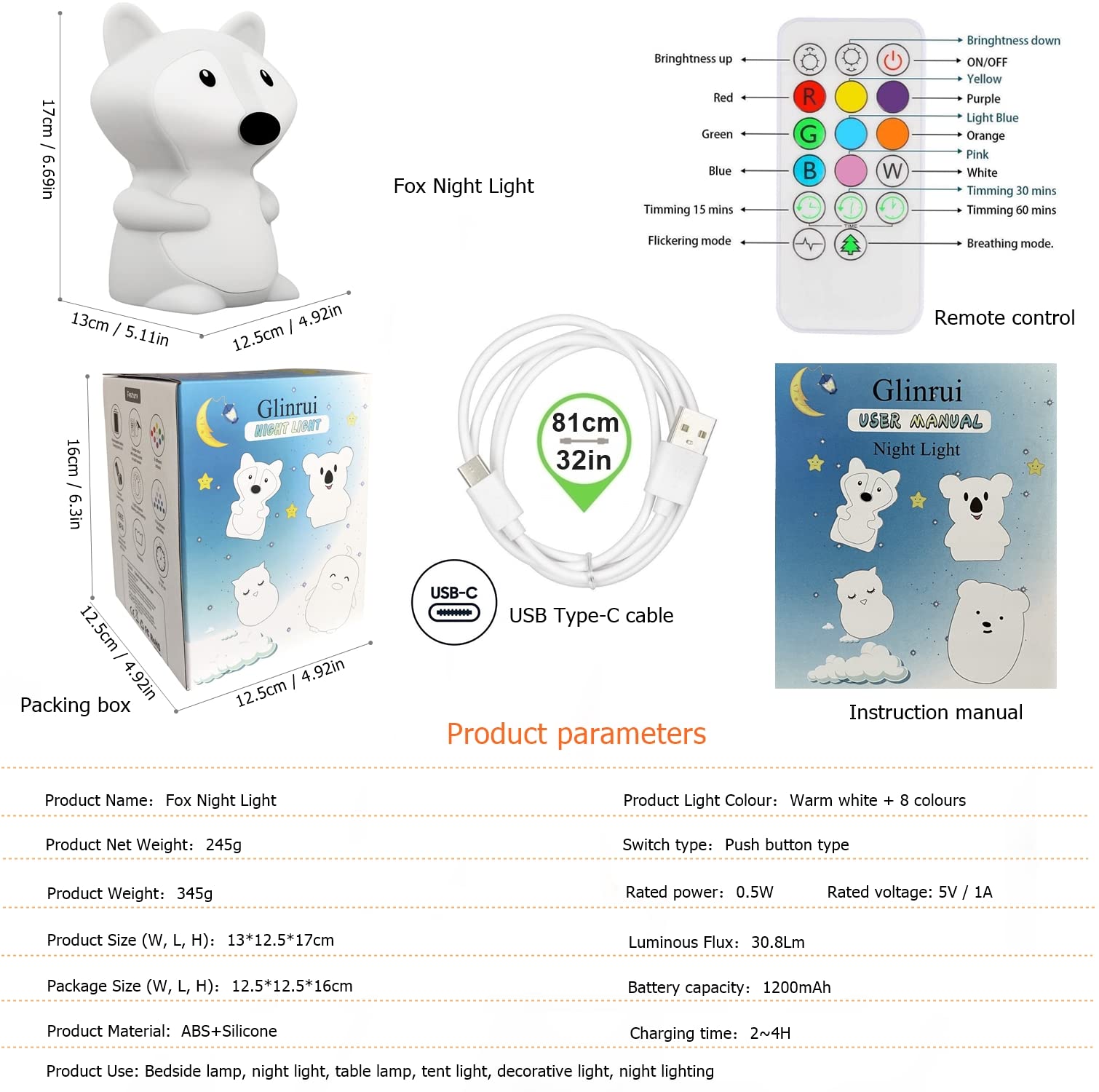 Glinrui Large Fox Night Lights for Kids, Silicone Night-Light, Bedside lamp, 9 Colors Baby Sleep Light Childrens Bed Bedroom La