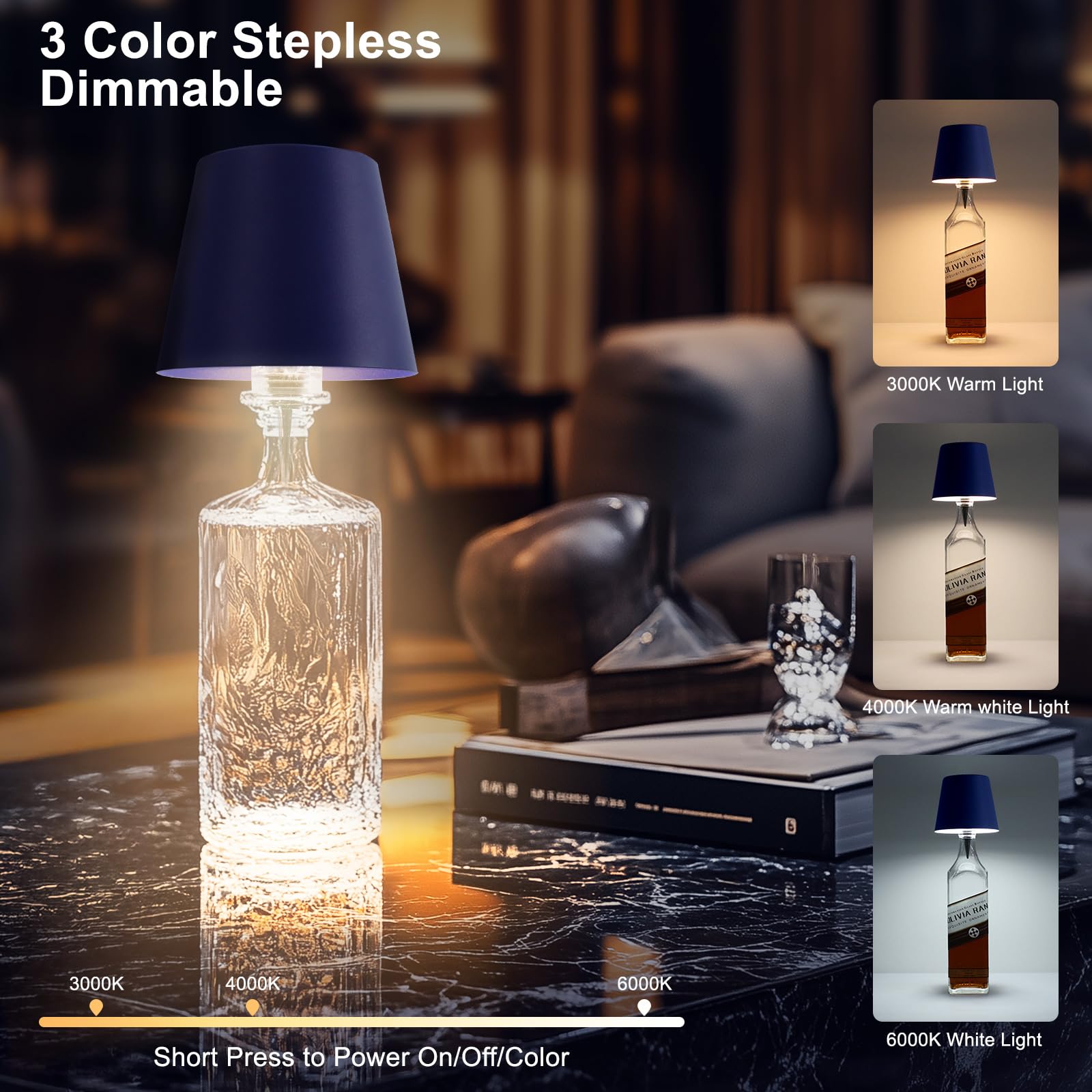 Mebaraul Wine Bottle Lamp - 3 Color Rechargeable Wireless - Touch Dimming - 4.2 in - Royal Blue - Model 1063296