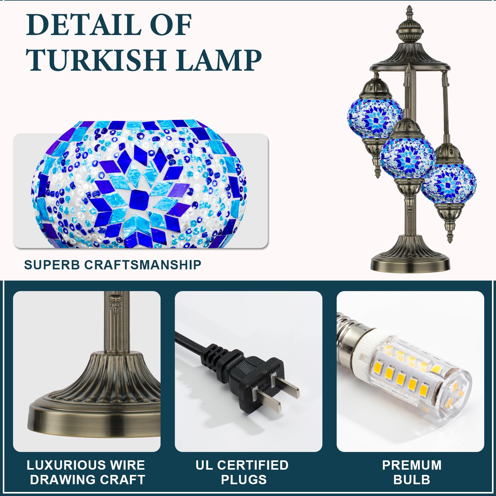 Marrakech Moroccan Table Lamp - 23" Blue Tiffany Mosaic Glass, 3 Globes, Bronze Base, Handmade Night Light Fixture, Model JX41603-11-N1-3Balls
