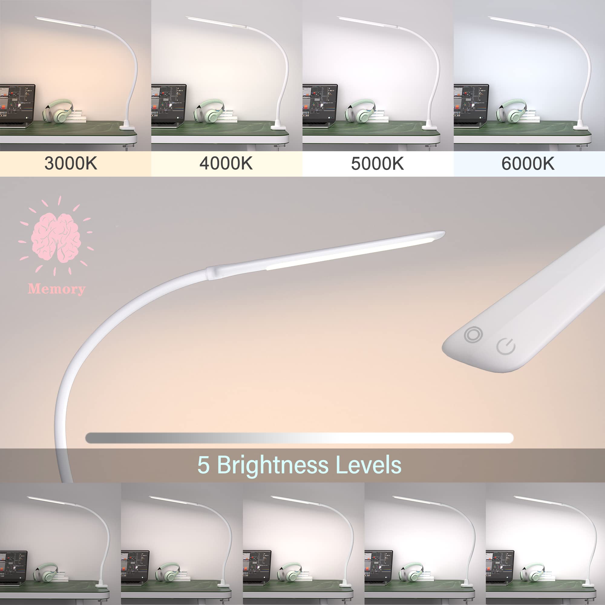 Hokone Led Desk Lamp With Clamp, Gooseneck Touch Control, Dimmable, White