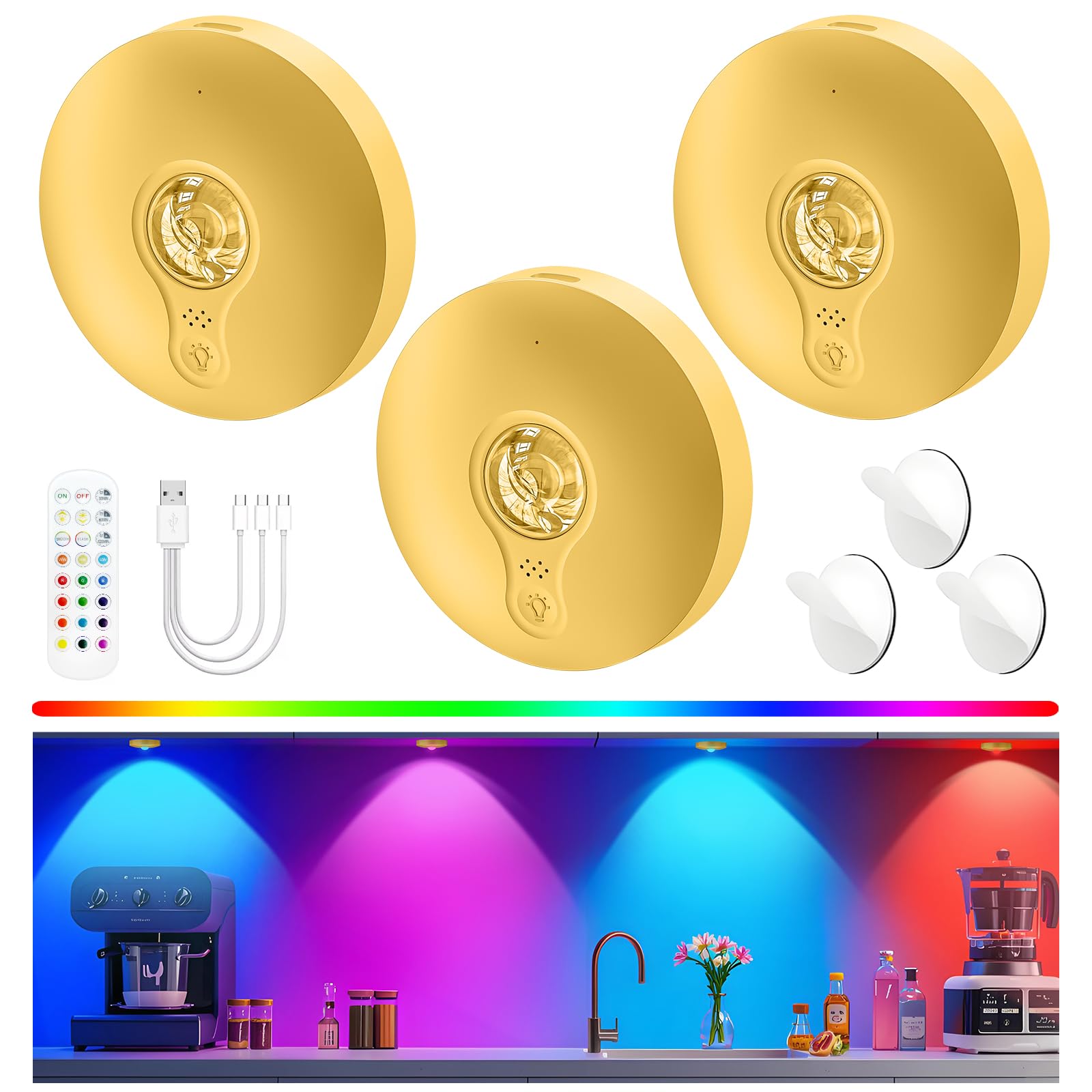 Rechargeable Puck Lights with Remote, 3 Pack Magnetic Under Cabinet Lighting, 1500mAh Battery Operated LED Tap Lights with Dimme