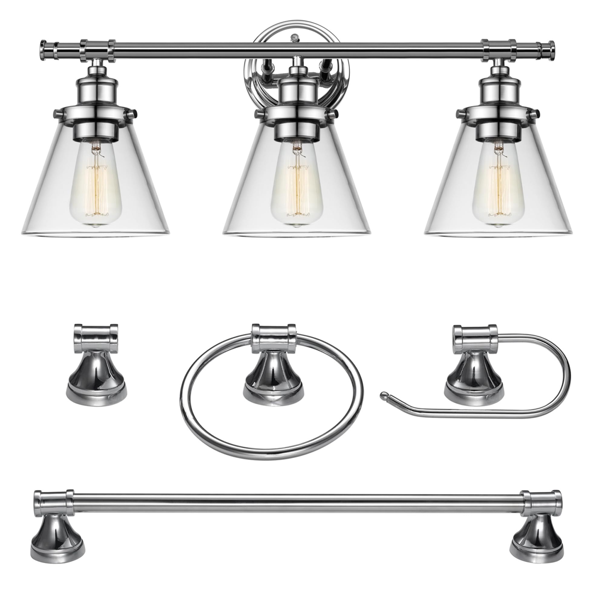 Globe Electric 51234 5-Piece All-In-One Bathroom Set  Chrome  23 3-Light Vanity Wall Light With Clear Glass Shades  Towel Bar And Ring  Robe Hook  Toilet Paper Holder  Beauty Room Accessories