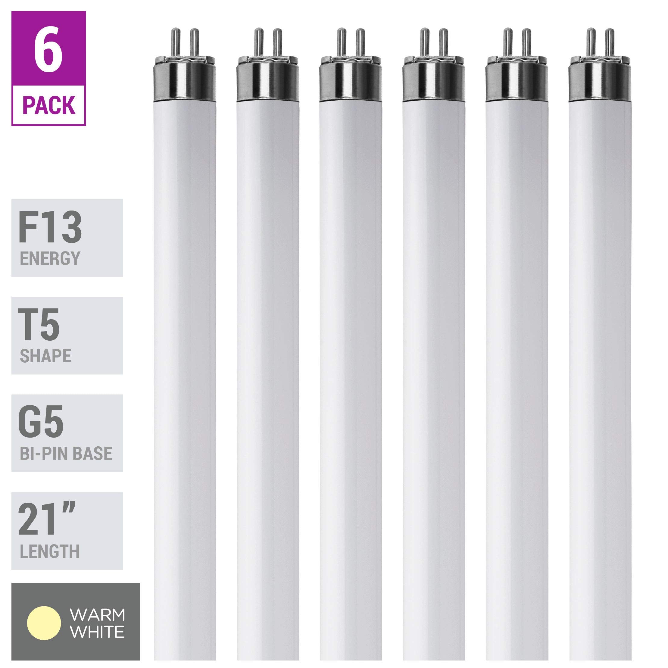 KOR F13T5WW T5 Fluorescent Bulbs Warm White 3000K 13-Watt 21in Pack of 6 Bulbs