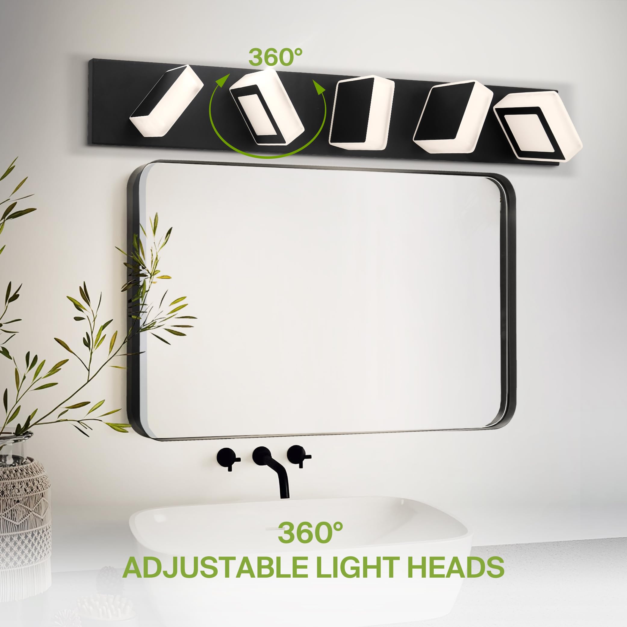 ASD LED Bathroom Vanity Light, 5-Lights Dimmable, 28W 1600LM, 2700-6000K, Black, Model A-LVF25M-5