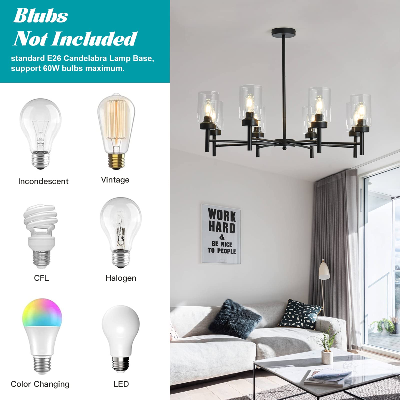 Hesoge Black 8-Light Large Modern Chandelier,Clear Glass Metal Ceiling Light Fixture,Farmhouse Pendant Hanging For Kitchen Dinin