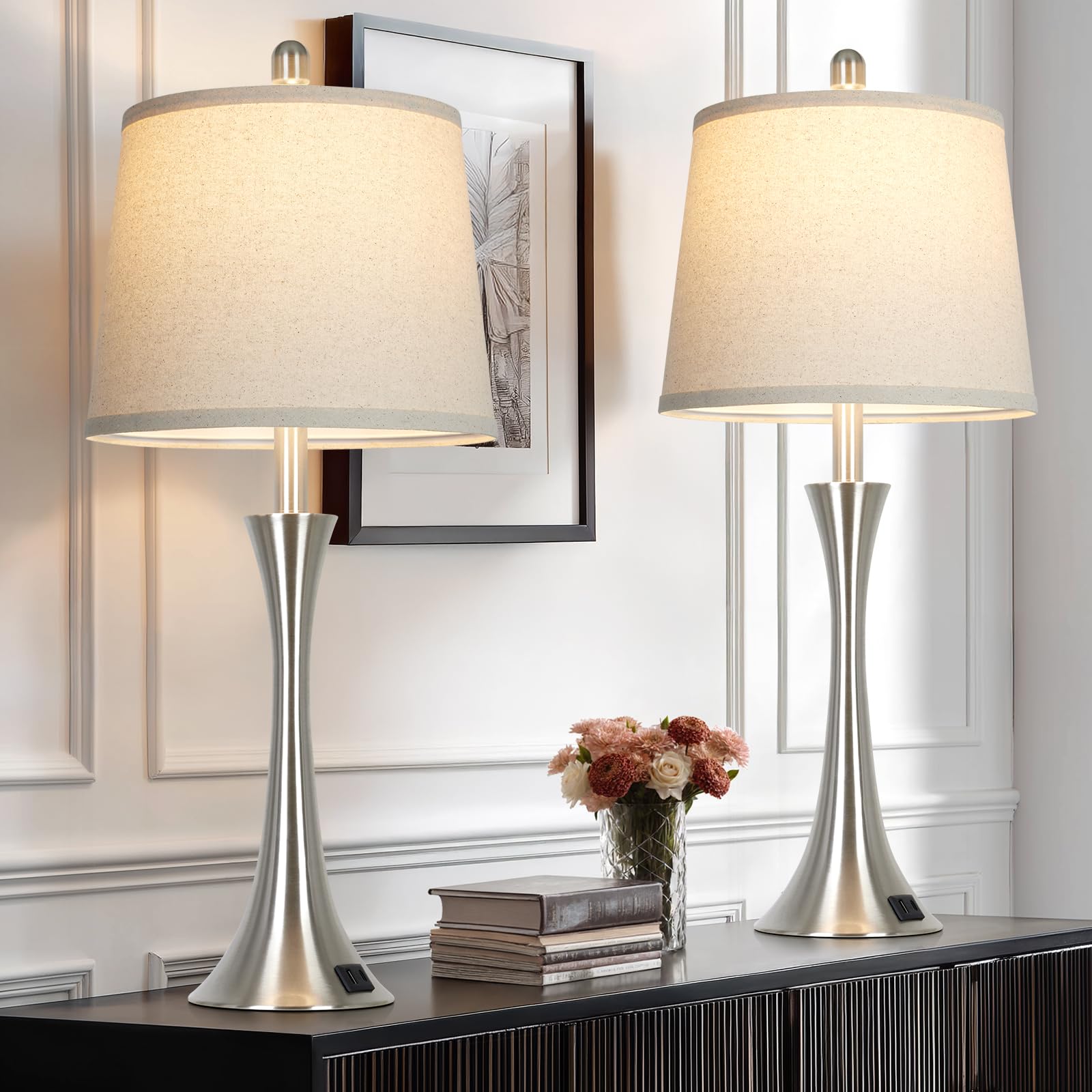 Rinweey 27.5 Silver Table Lamps Set of 2  Touch Bedside Lamps with USB C+A Ports  3 Way Dimmable Nightstand Lamps for Bedroom  Living Room  Office  Silver Lamp with Beige Lampshade  Bulbs Included