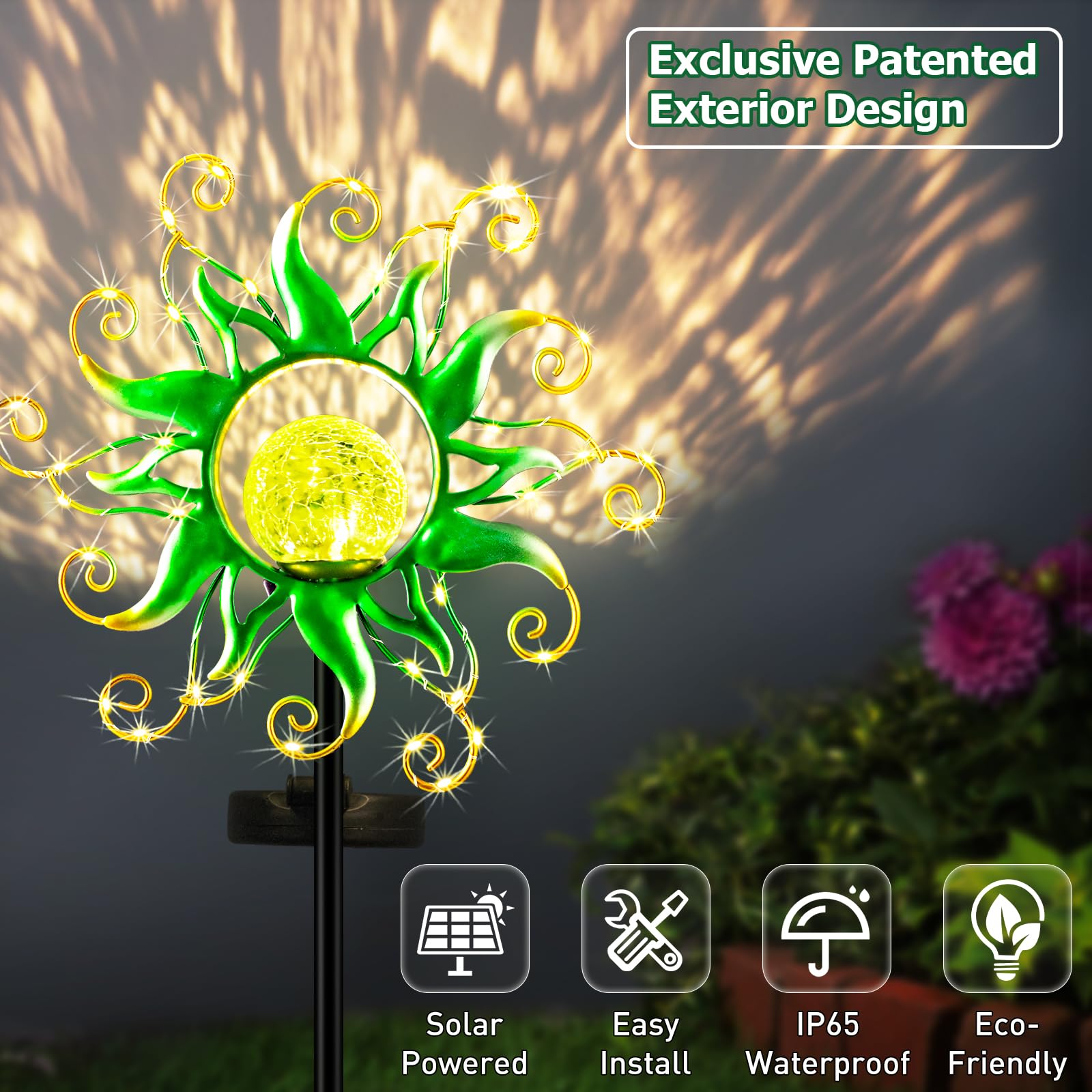 Solar Garden Lights Outdoor, Green Metal Sun Stake With 30 Led Waterproof Vine String Crackle Glass Spring Decor For Patio,Yardr