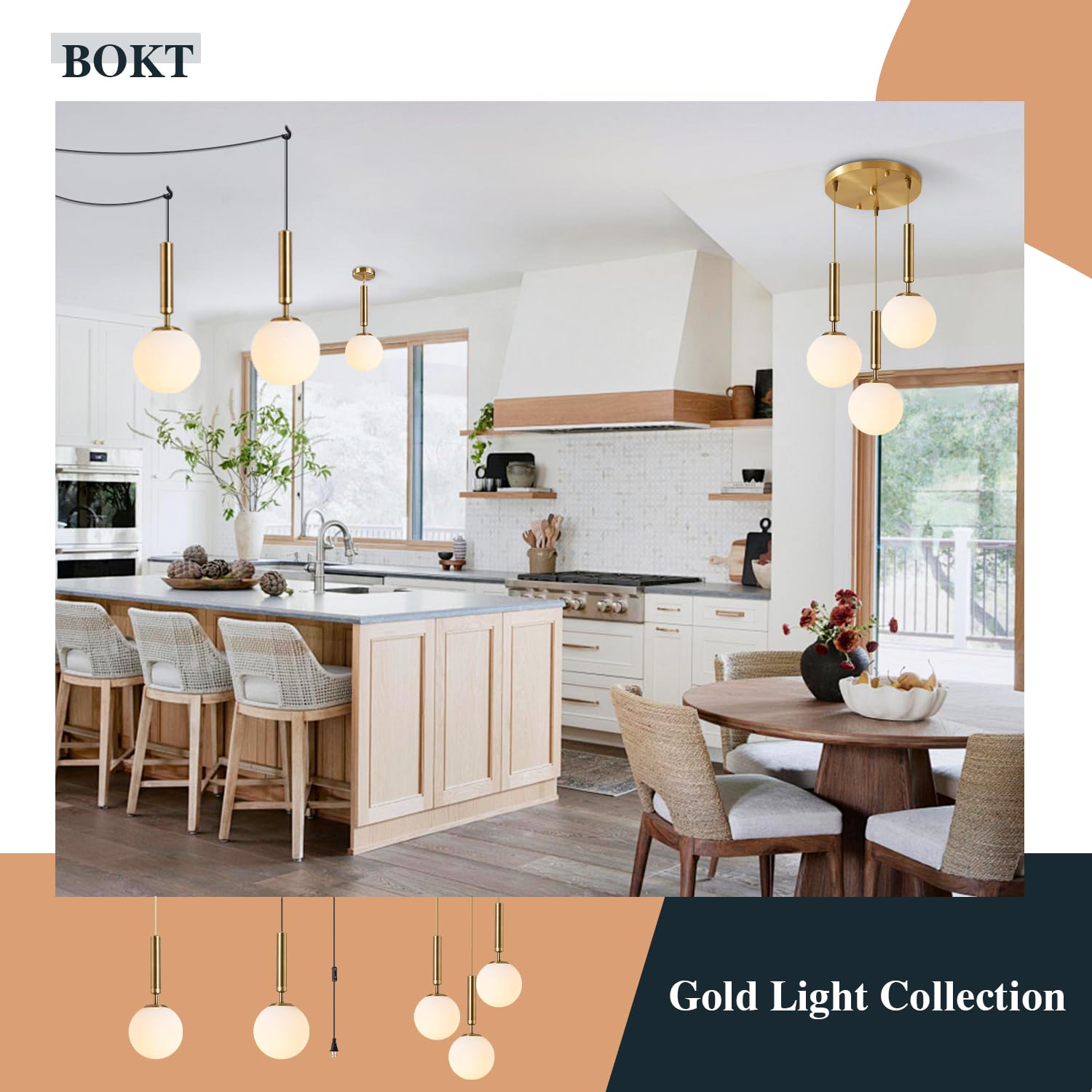 Bokt Mid Century Modern Large Gold Globe Hanging Pendant Light Plug In Brushed Brass White Glass Hanging Lamp Plug In Cord Minim